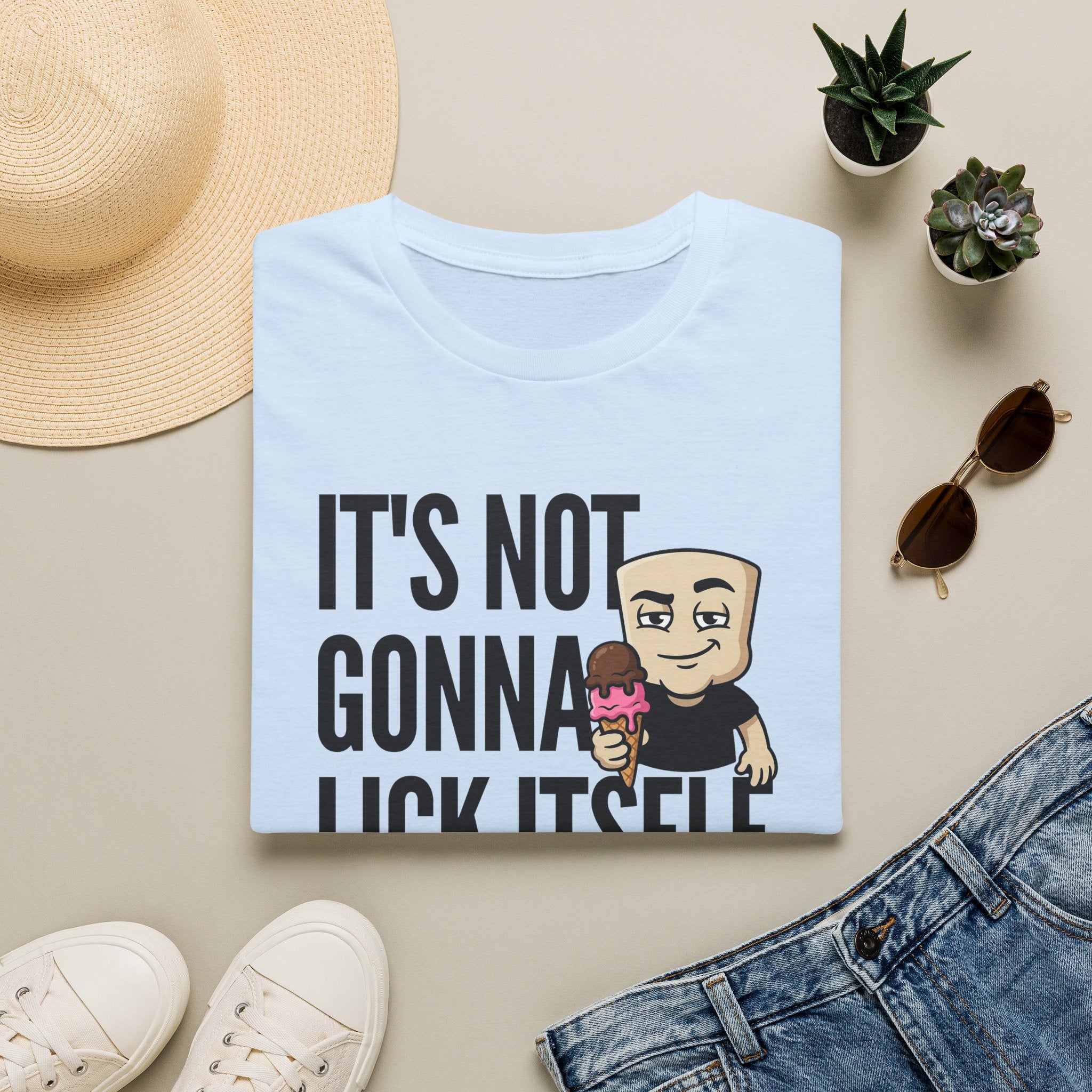Light blue T-shirt with 'IT'S NOT GONNA' text and cartoon ice cream character.