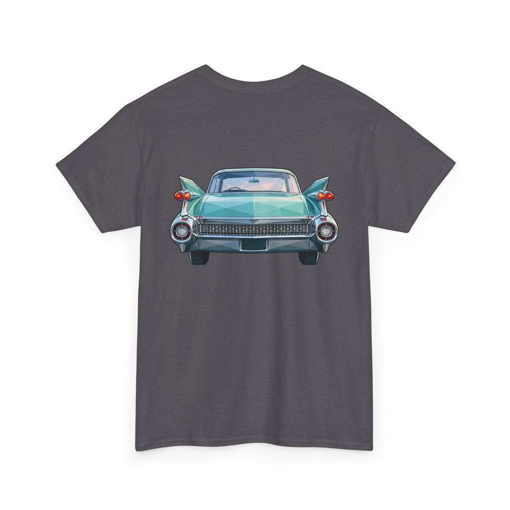 Charcoal crew neck T-shirt with vintage teal car graphic on the front