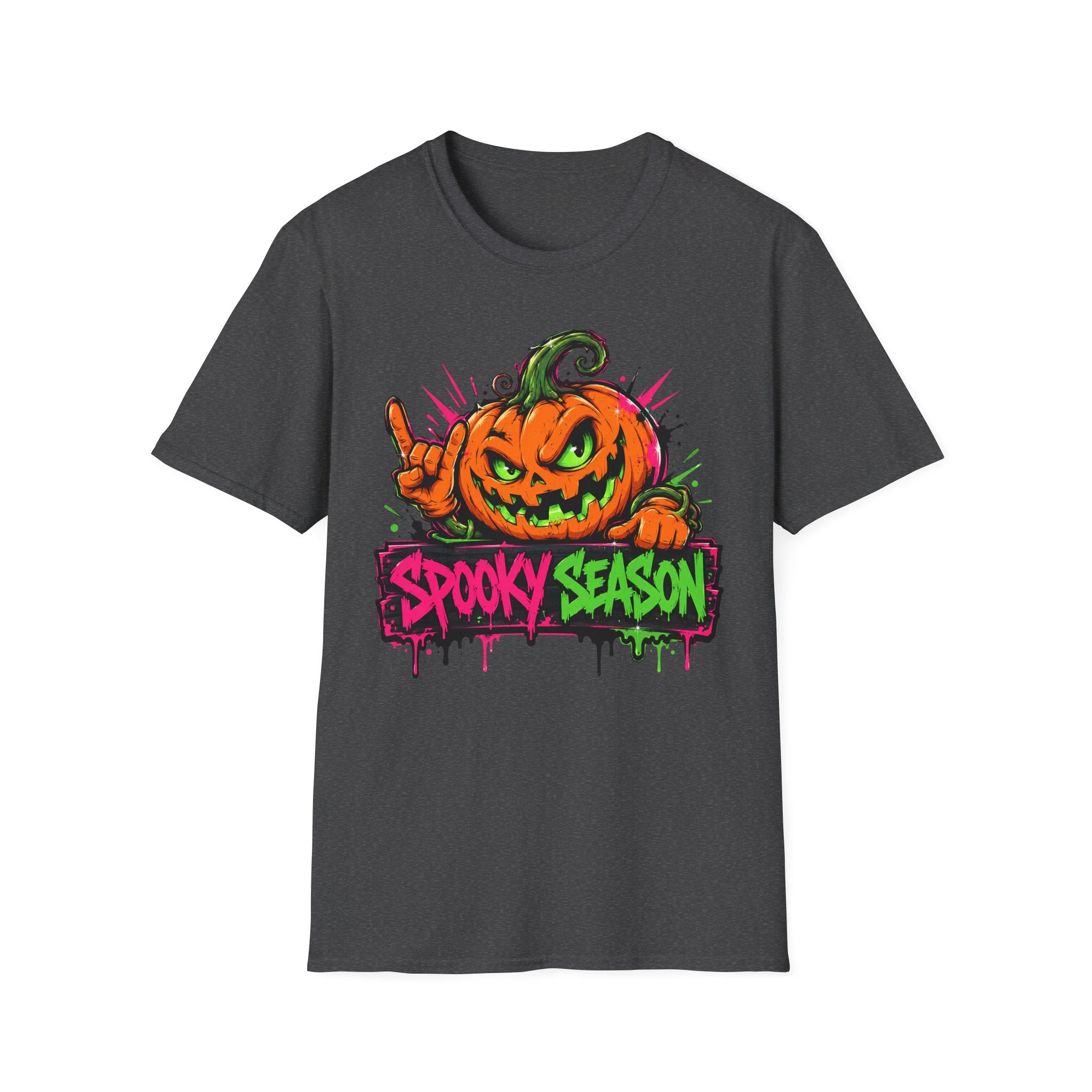 Dark short-sleeve T-shirt with colorful spooky jack-o-lantern graphic on chest