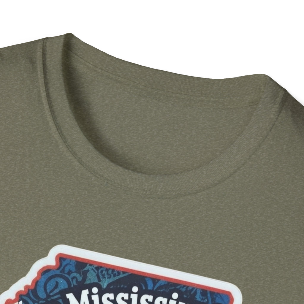 Olive green T-shirt neckline with partial Mississippi state graphic print