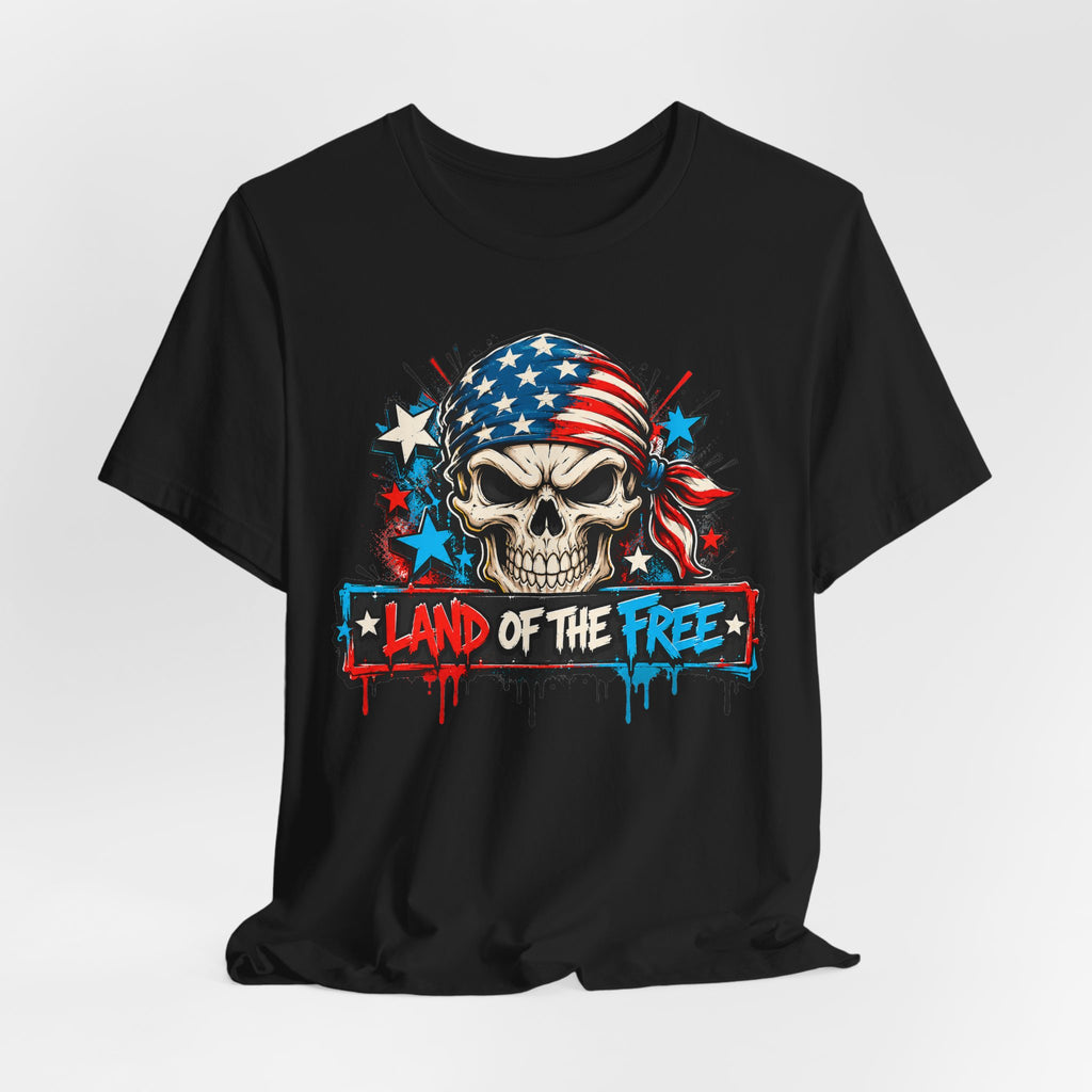 Black crewneck T-shirt with patriotic skull and flag graphic and “Land of the Free”