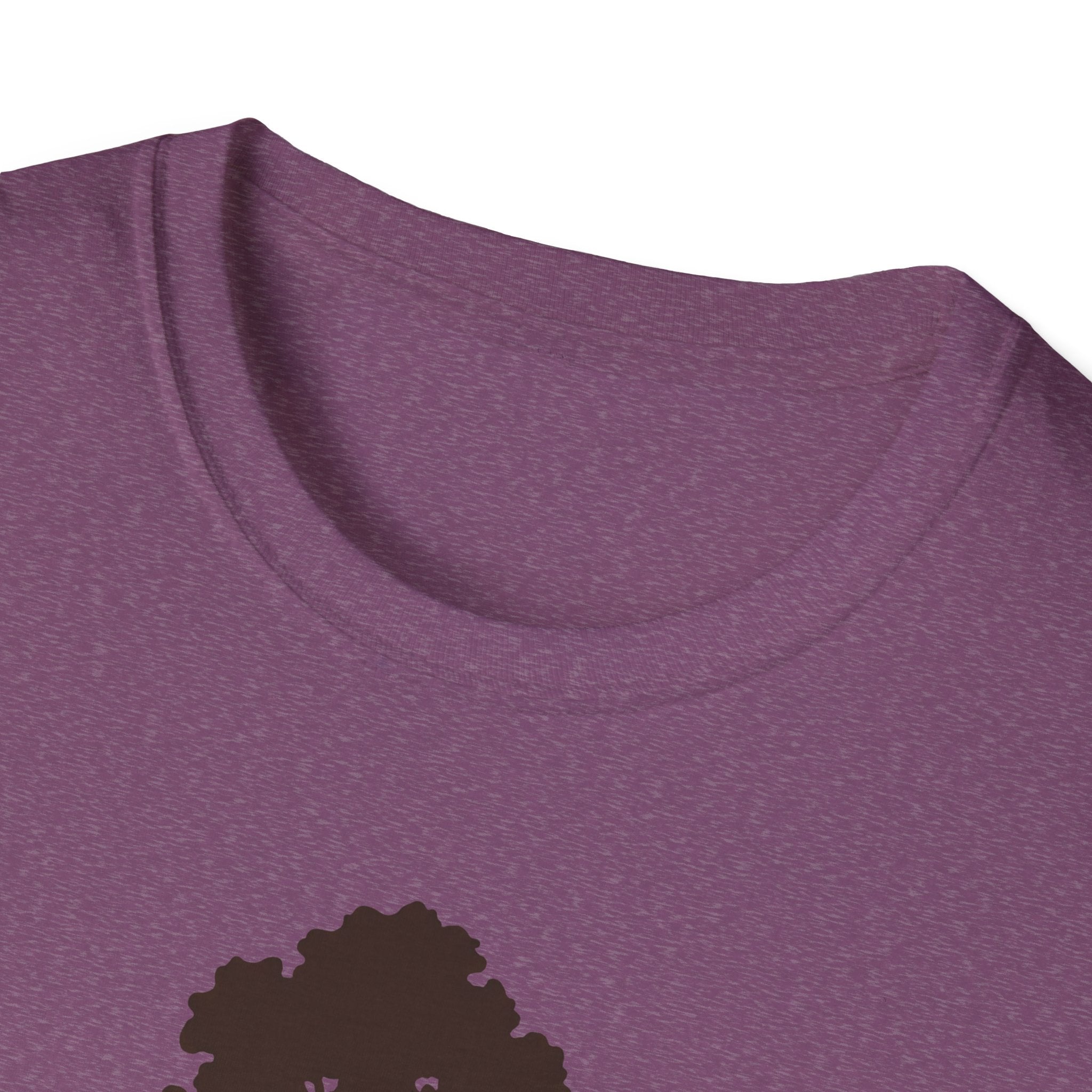 Stay Small Sequoia Tree T-Shirt close-up, mauve fabric with tree graphic near collar