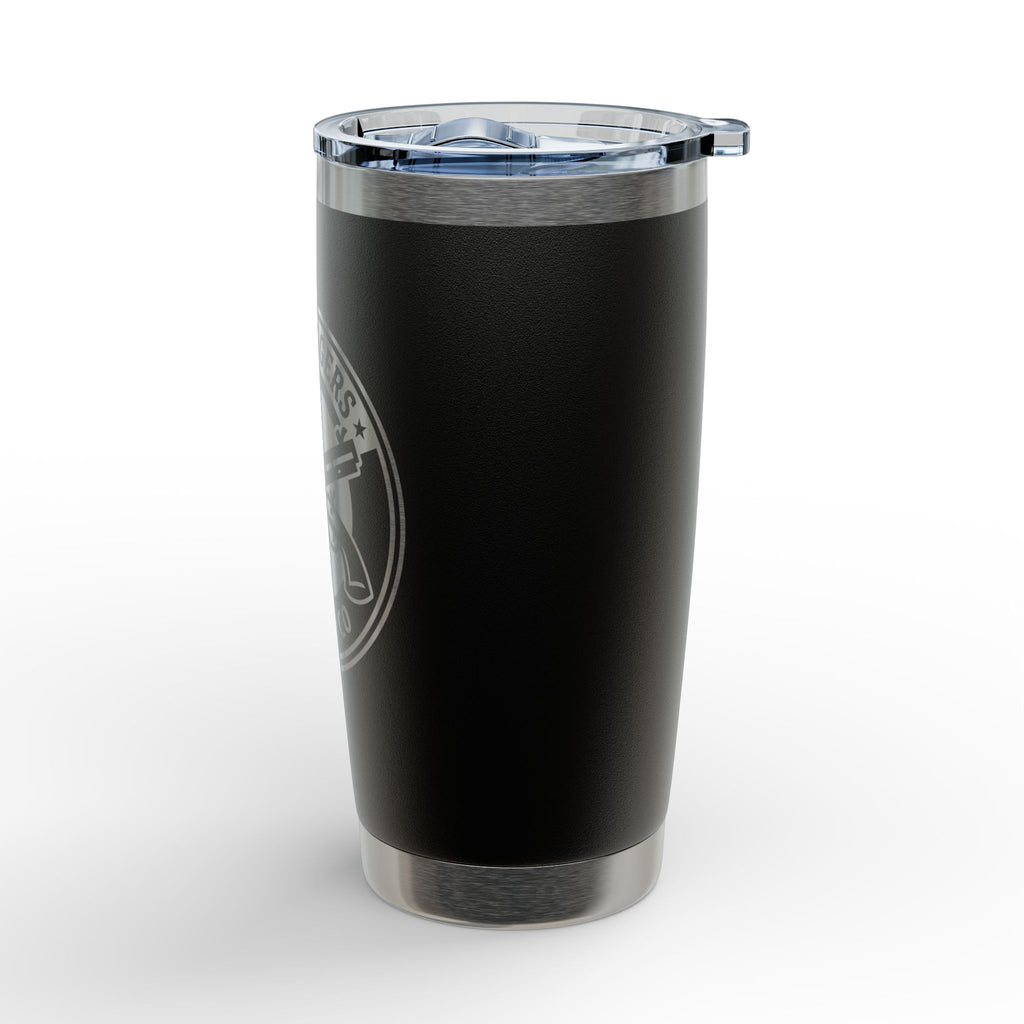 Black 20oz insulated travel tumbler with engraved side logo and clear lid