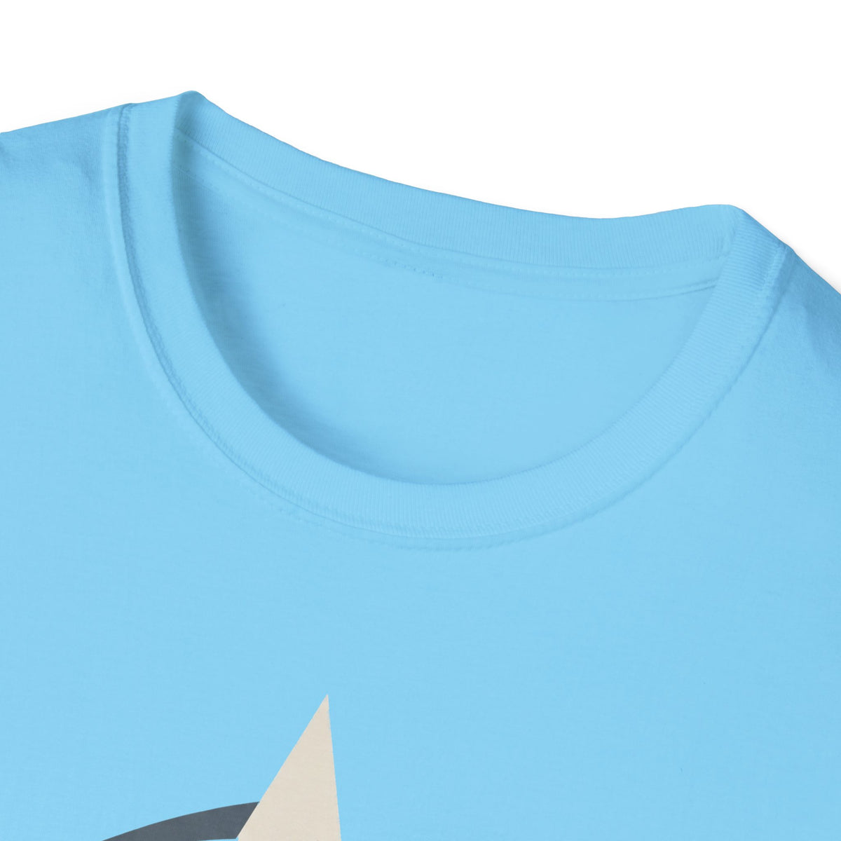 Light blue crew-neck T-shirt, close-up of collar and upper chest