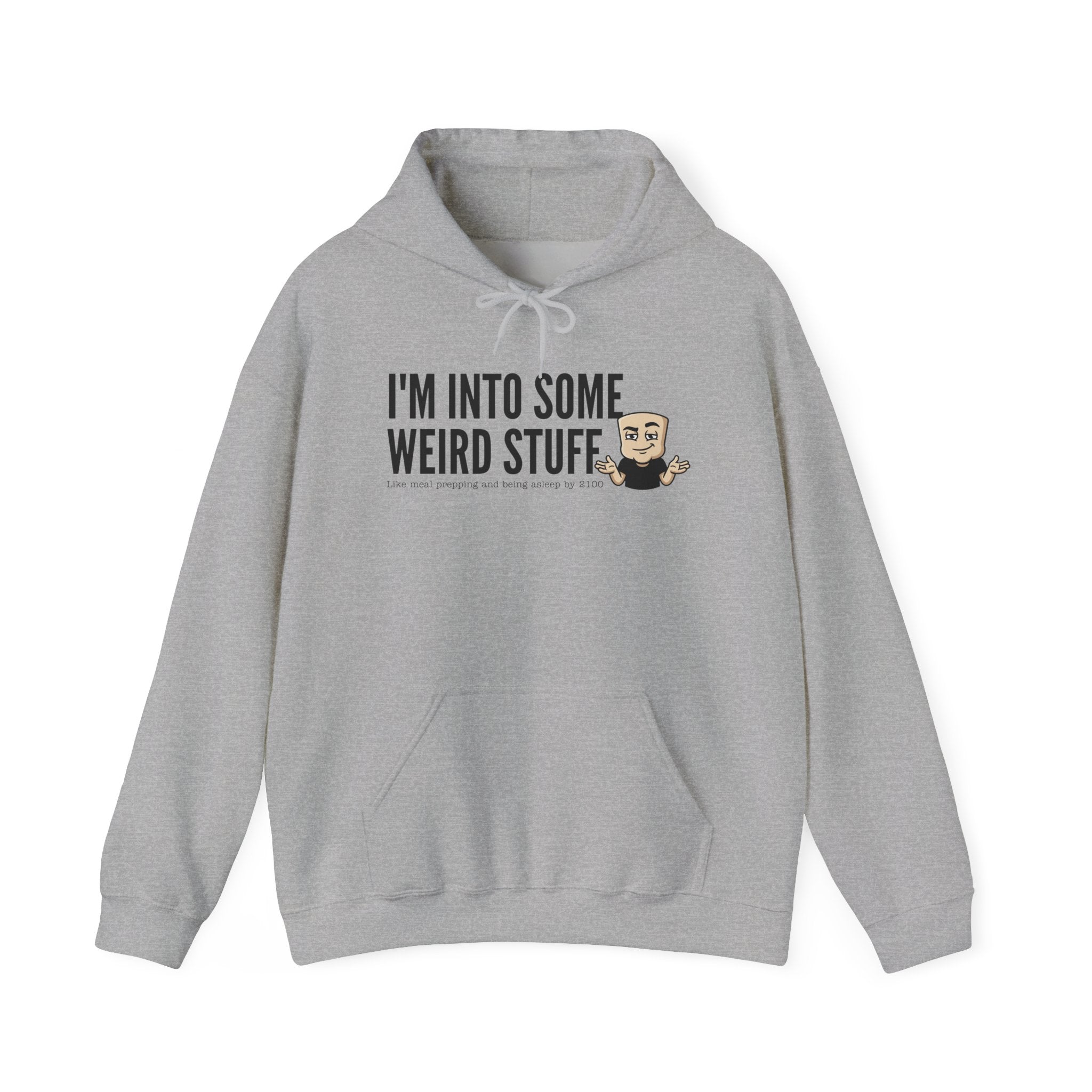 Light gray hoodie with front text graphic and kangaroo pocket