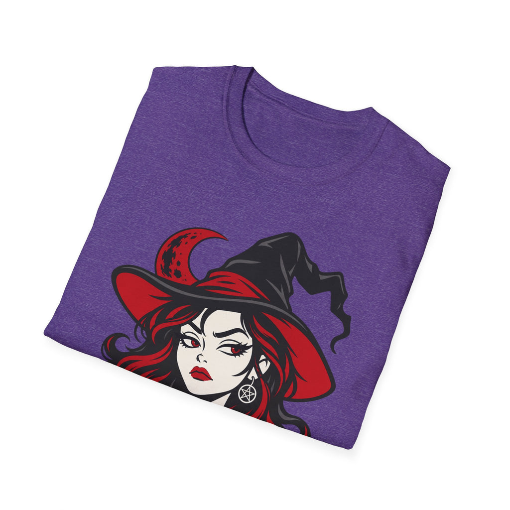 Purple Halloween witch face graphic T-shirt, folded flat