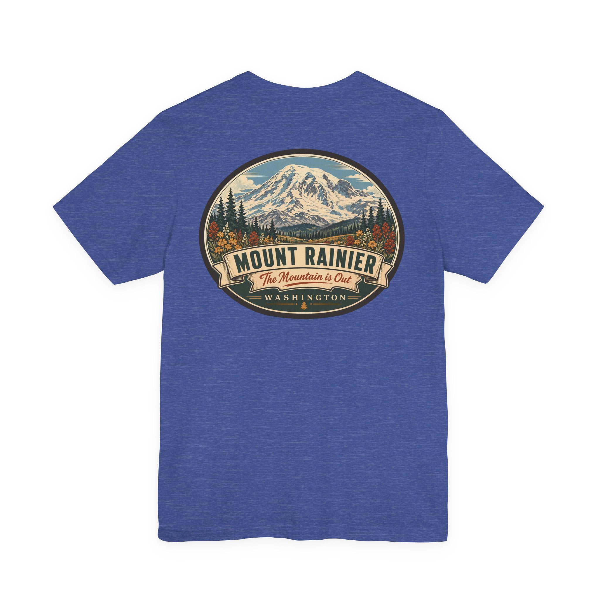 Heather blue graphic T-shirt with large circular mountain national park badge on chest.