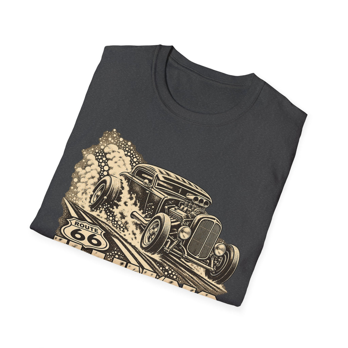 Dark gray t-shirt with vintage Route 66 car graphic on the front