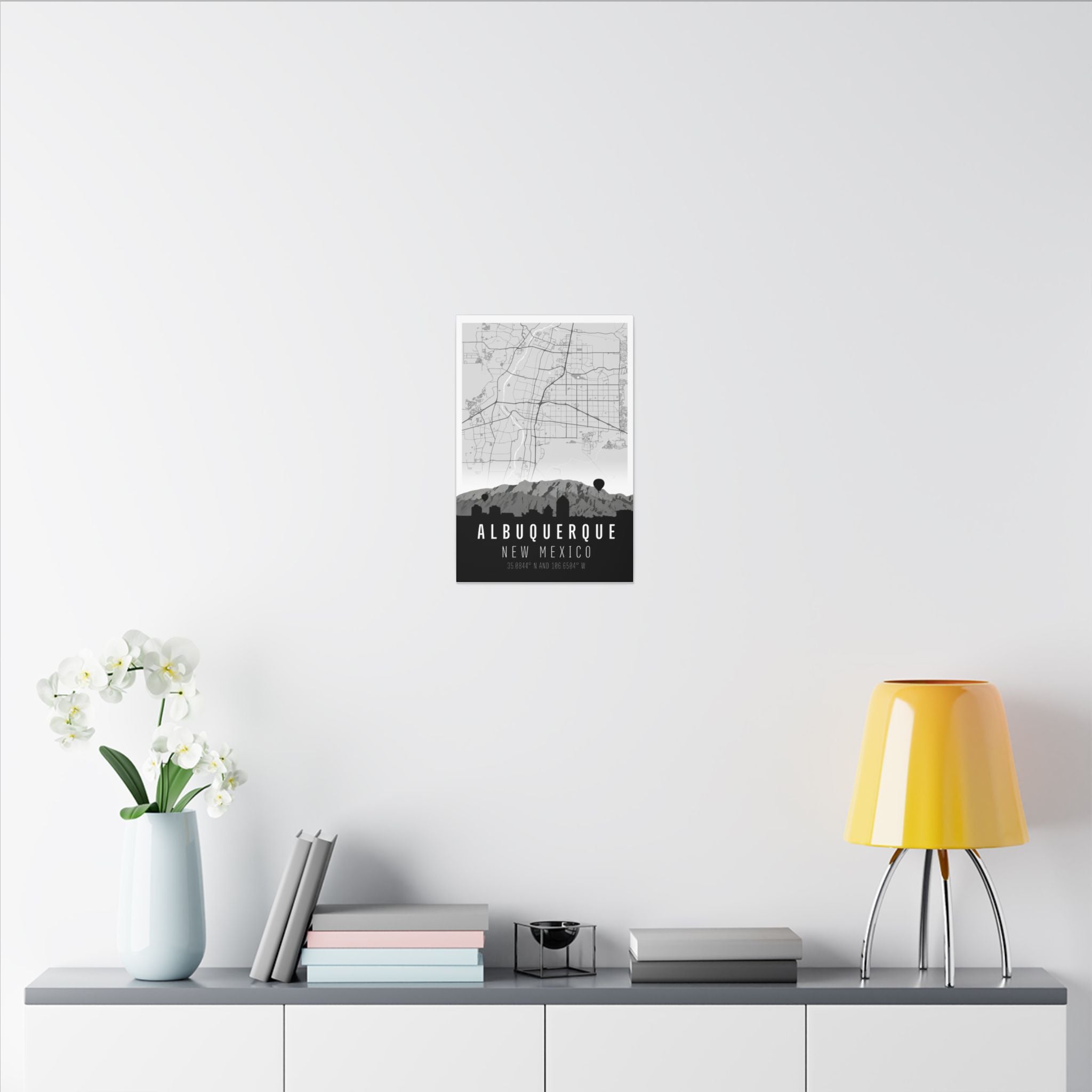 Albuquerque New Mexico map canvas with road map layout, mountains, and skyline