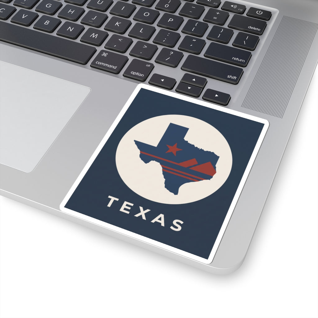 Texas map retro badge sticker on laptop, circular state emblem with TEXAS text