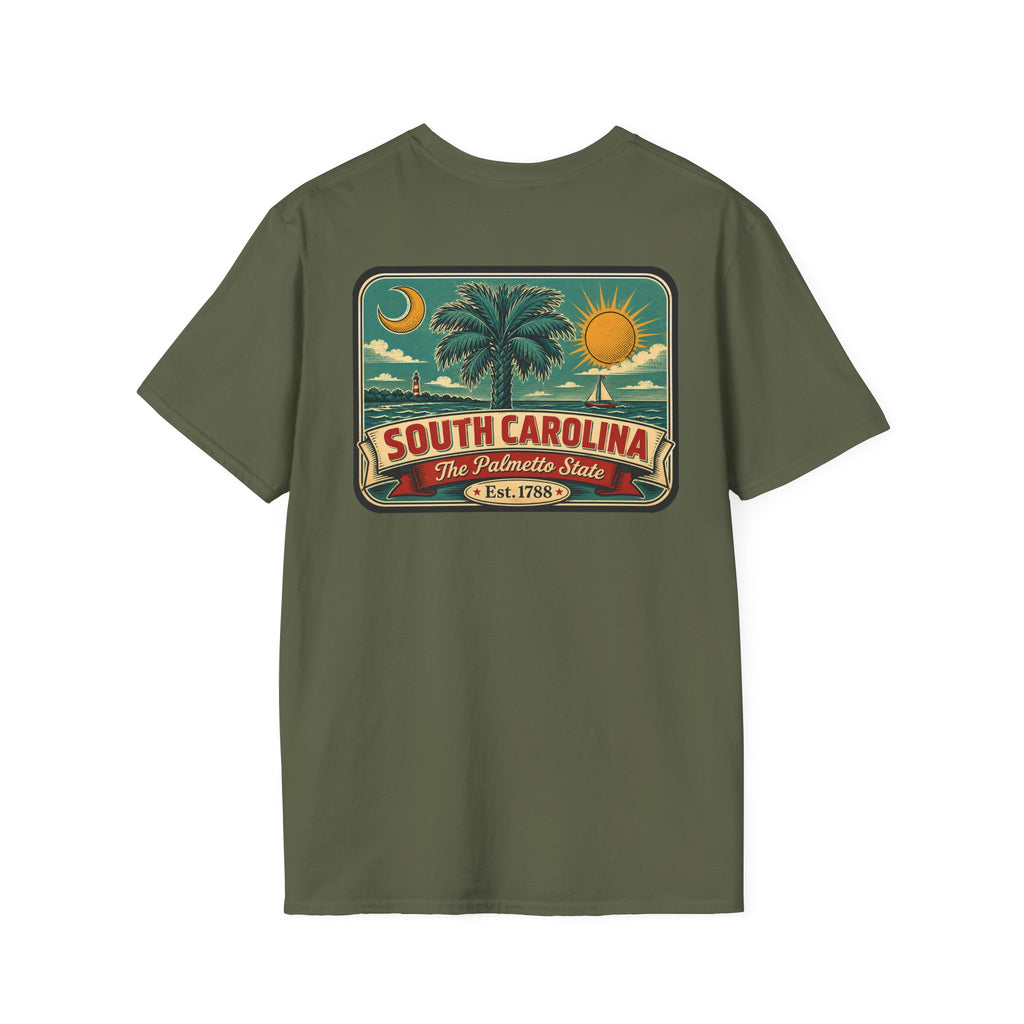 Olive green T-shirt with South Carolina palm graphic patch and Est. 1788 text