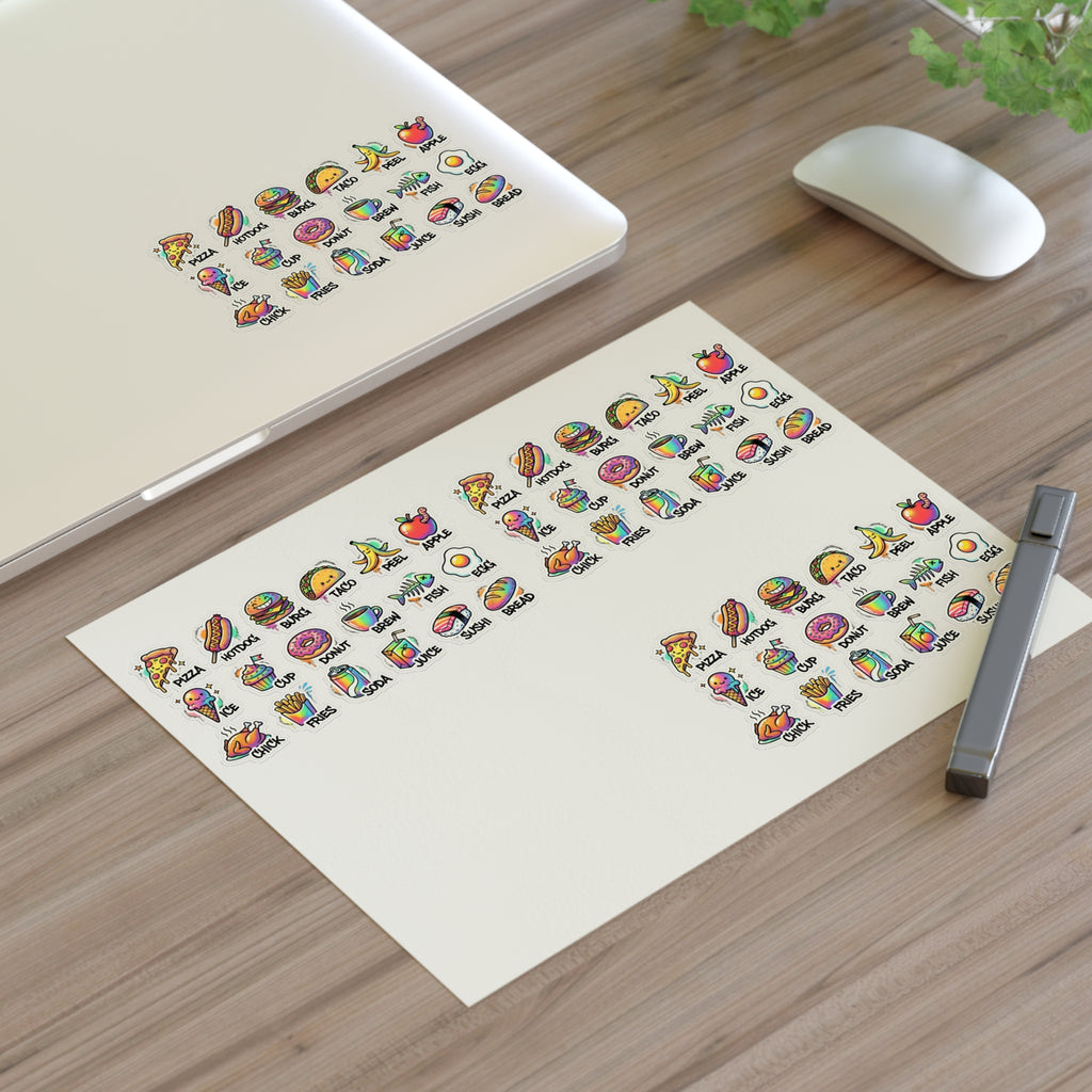 Cute food icon sticker sheet with die-cut fruit and fast-food mini designs on white backing