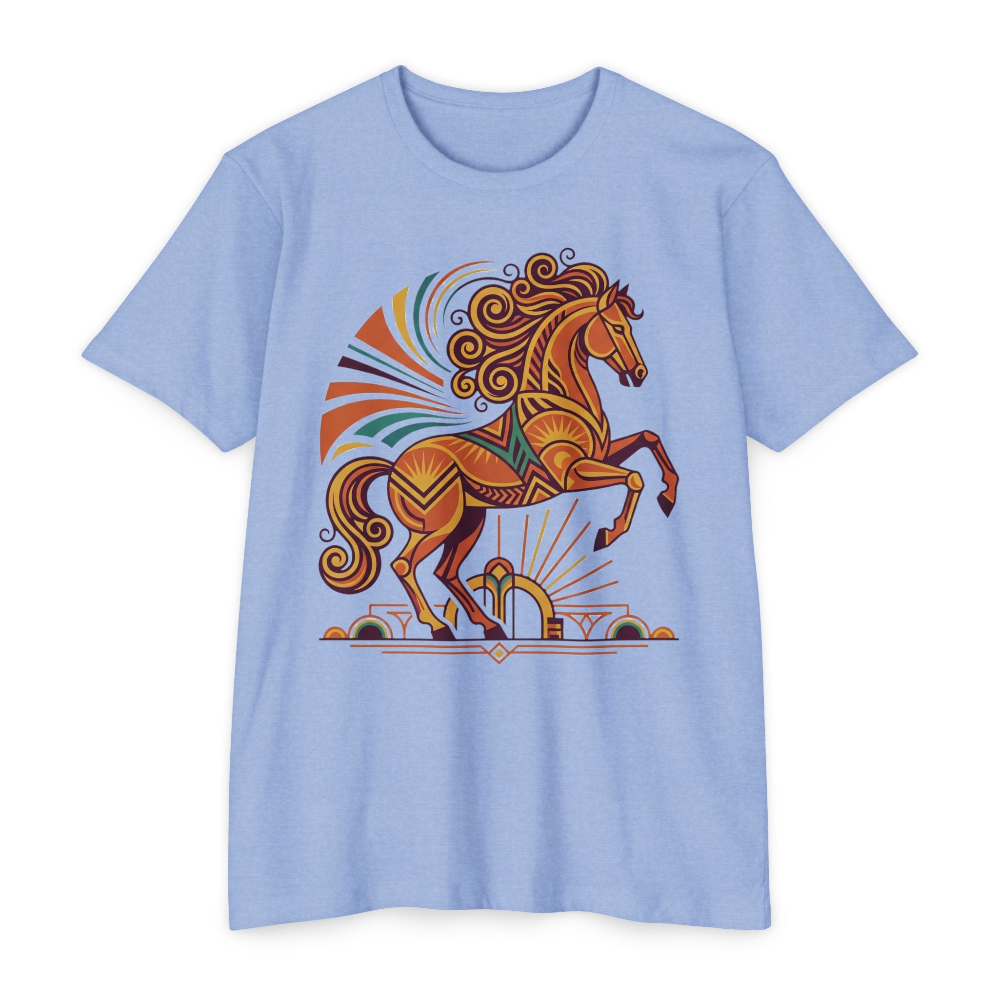 Light blue t-shirt with prancing horse graphic in orange and teal swirl details.
