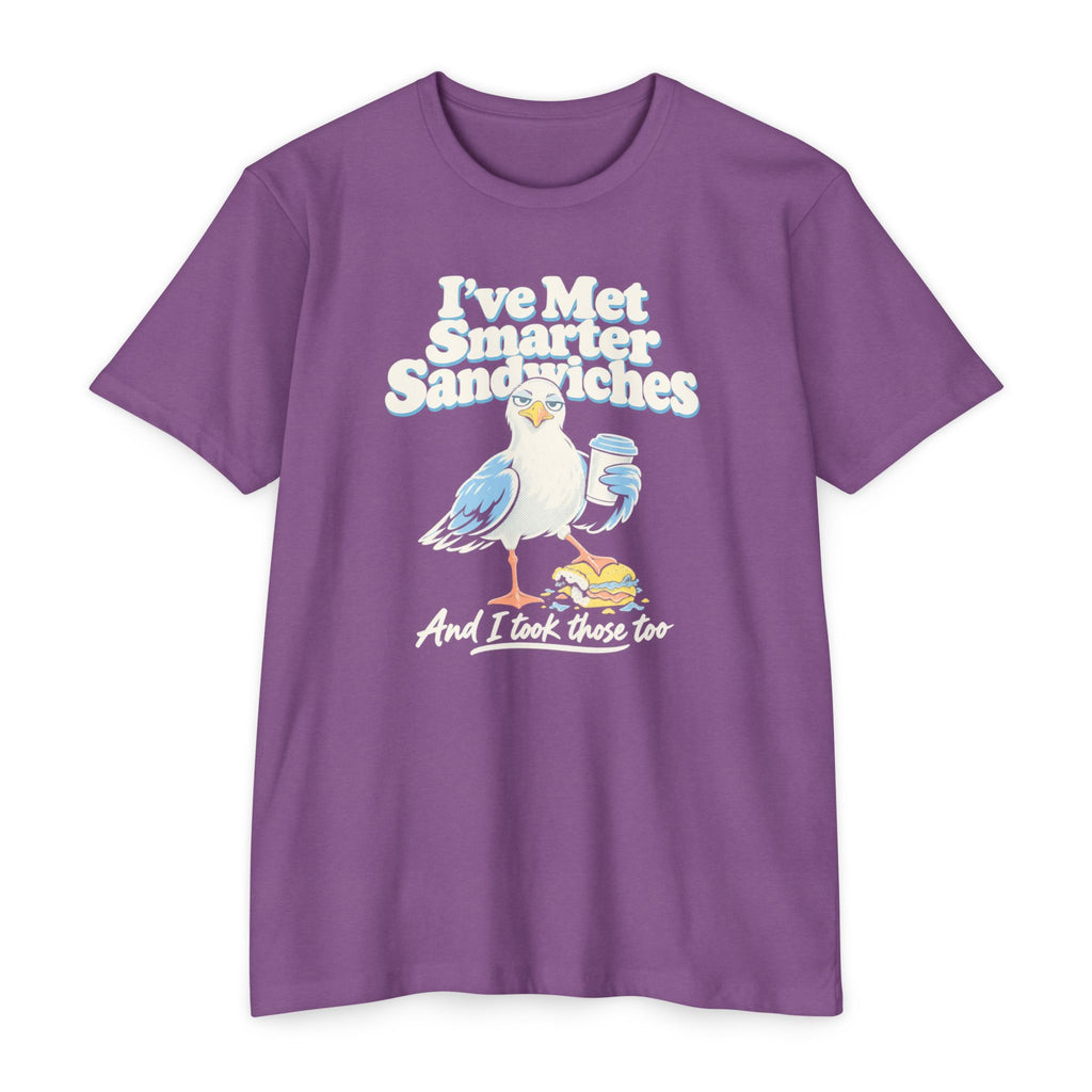 Purple crewneck T-shirt with seagull graphic and text “I’ve Met Smarter Sandwiches”