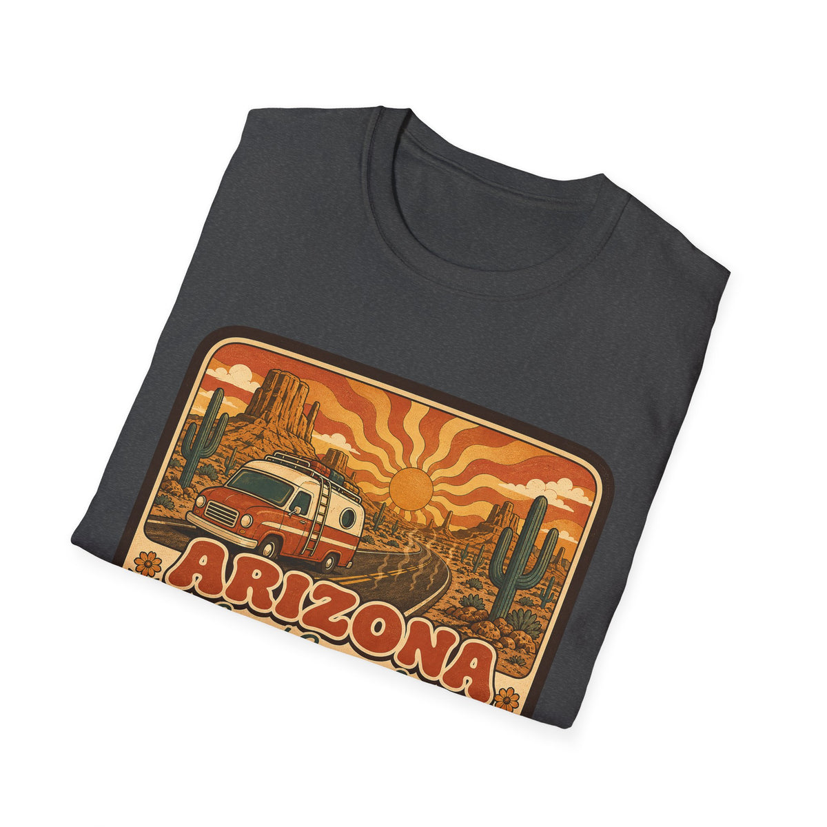 Dark heather gray unisex graphic T-shirt with Arizona desert van and cactus print