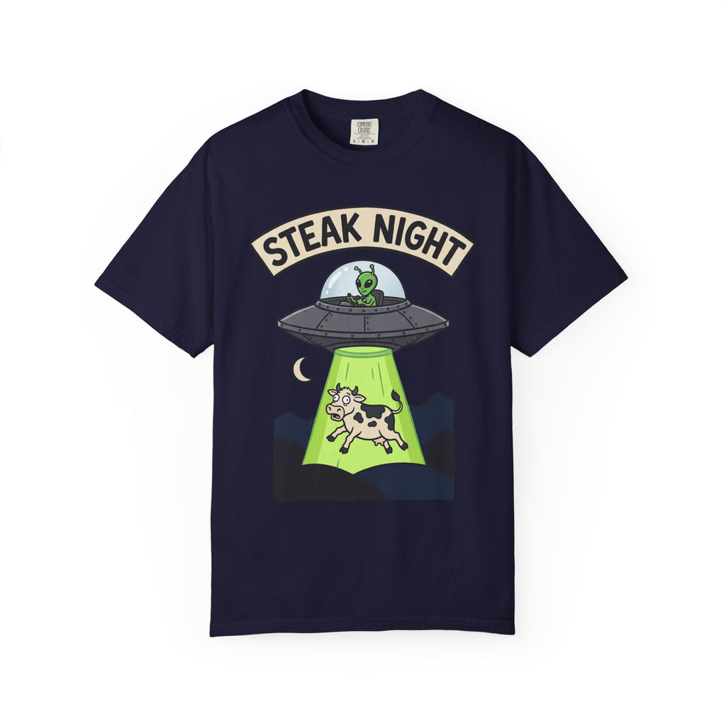 Navy T-shirt front with Steak Night alien UFO and cow graphic
