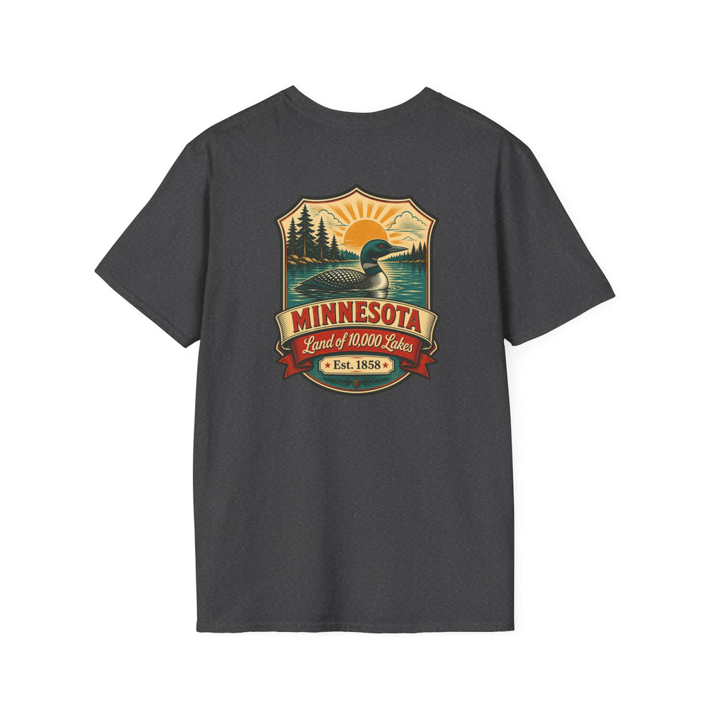 Dark heather T-shirt with Minnesota retro lake badge graphic at chest