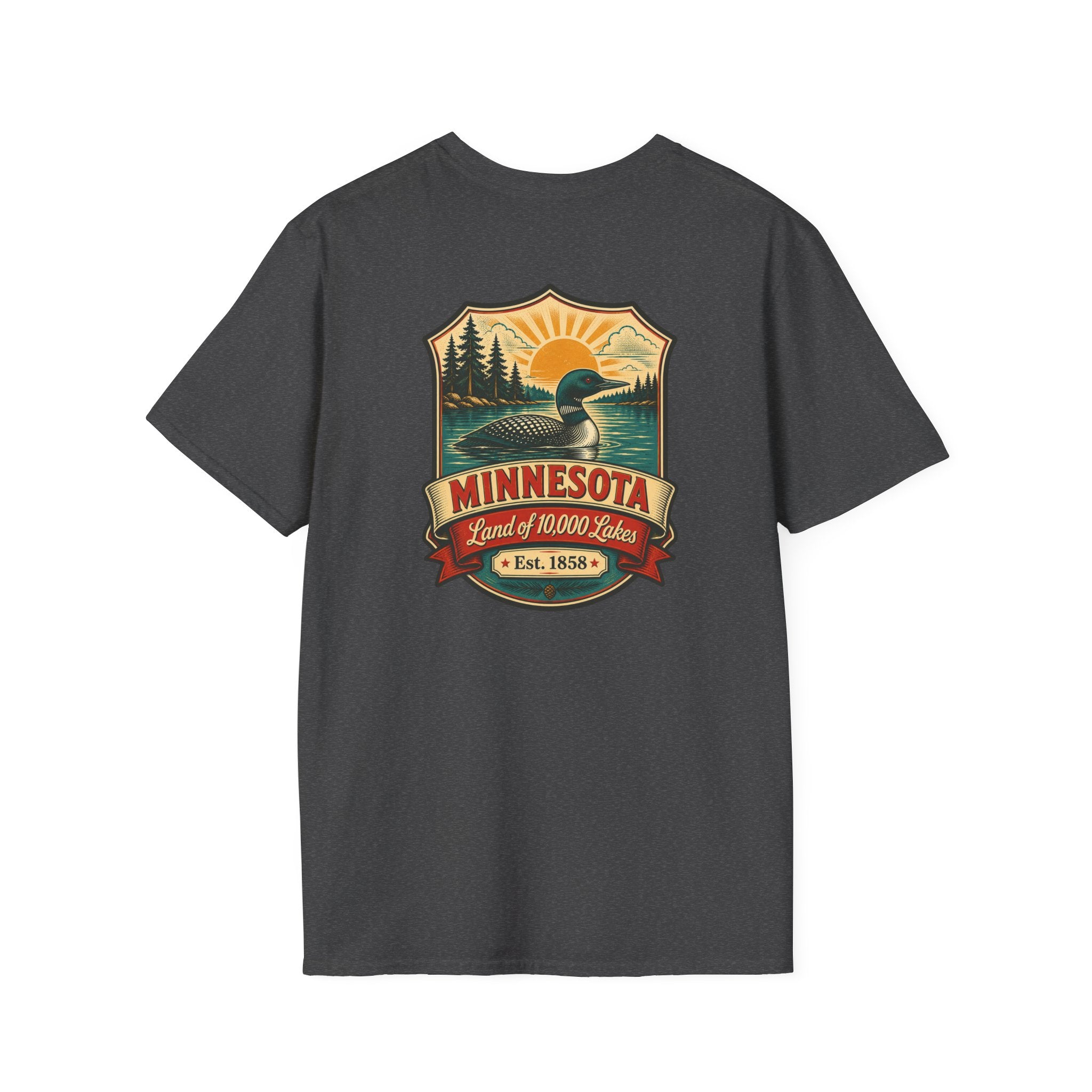 Dark heather T-shirt with Minnesota retro lake badge graphic at chest