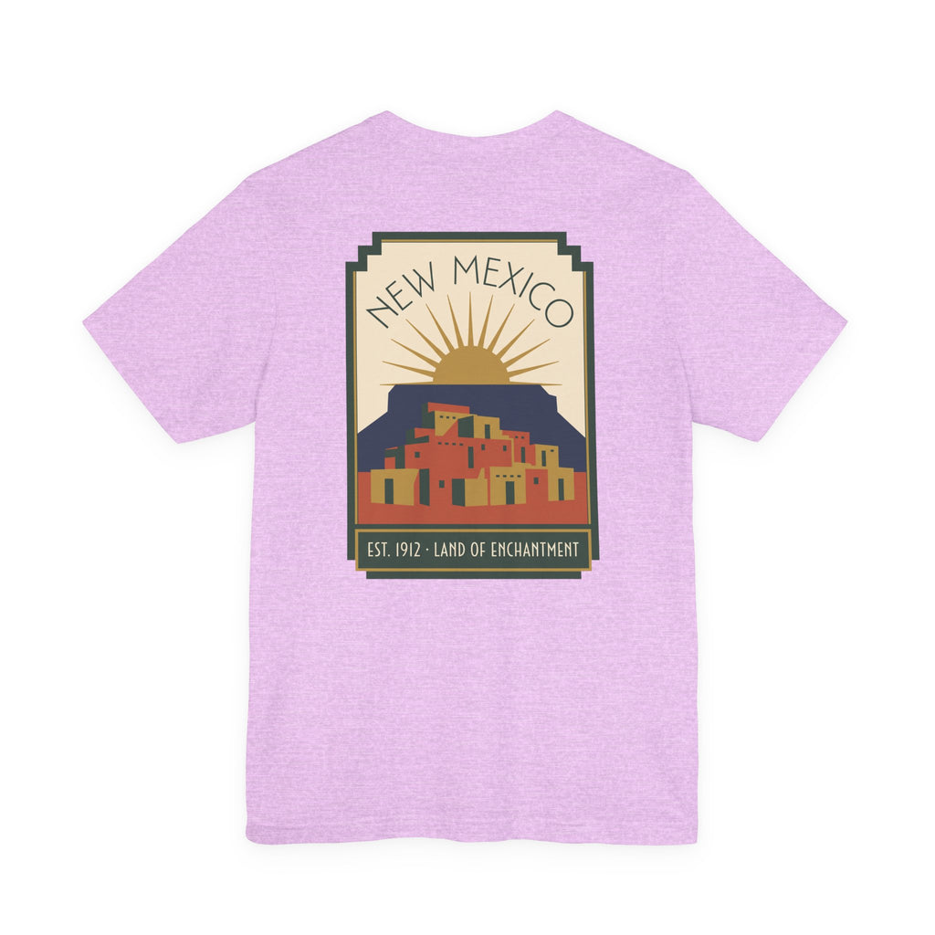 Lavender T-shirt with square New Mexico desert sunset graphic on the chest