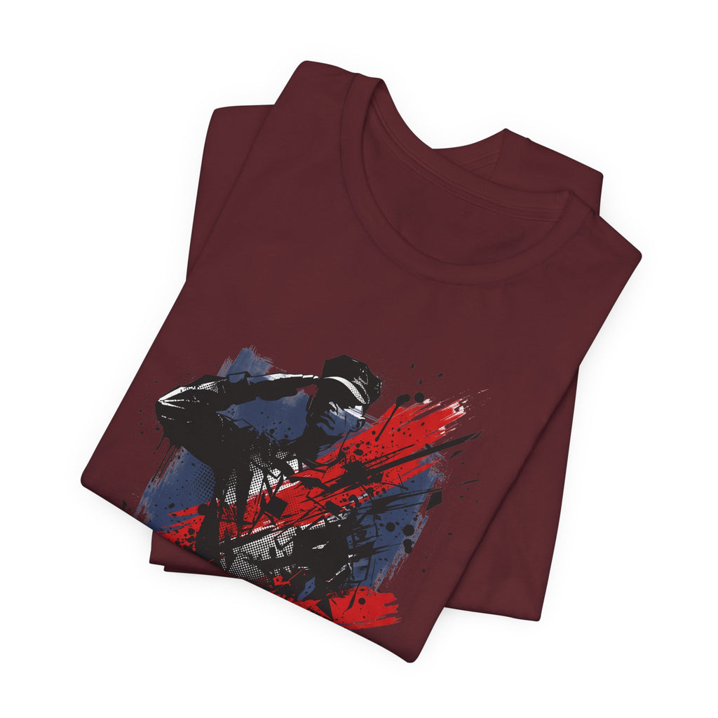 Maroon crewneck T-shirt with blue and red soldier silhouette graphic