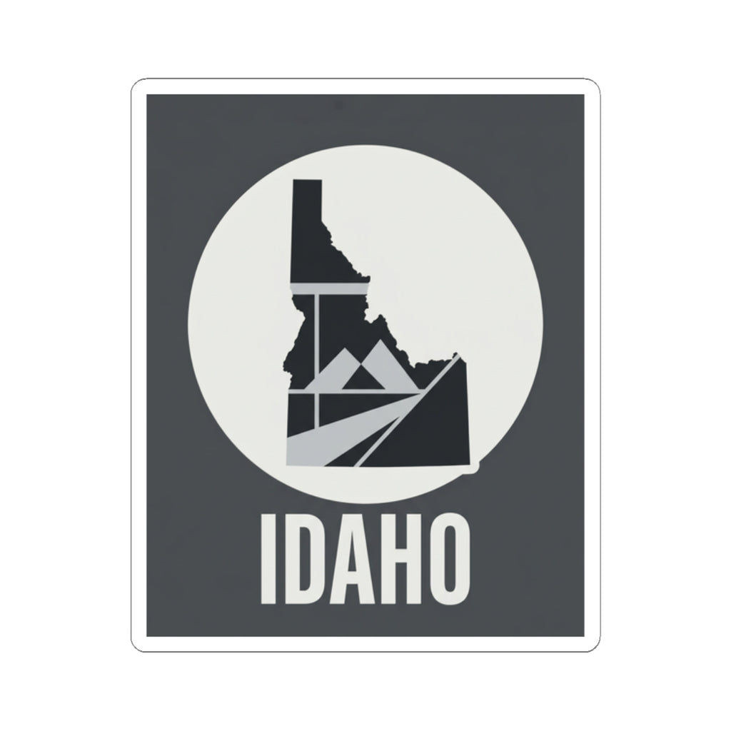 Idaho geometric map kiss-cut sticker, dark square, white circle with Idaho state and striped mountain icon
