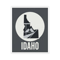 Idaho geometric map kiss-cut sticker, dark square, white circle with Idaho state and striped mountain icon