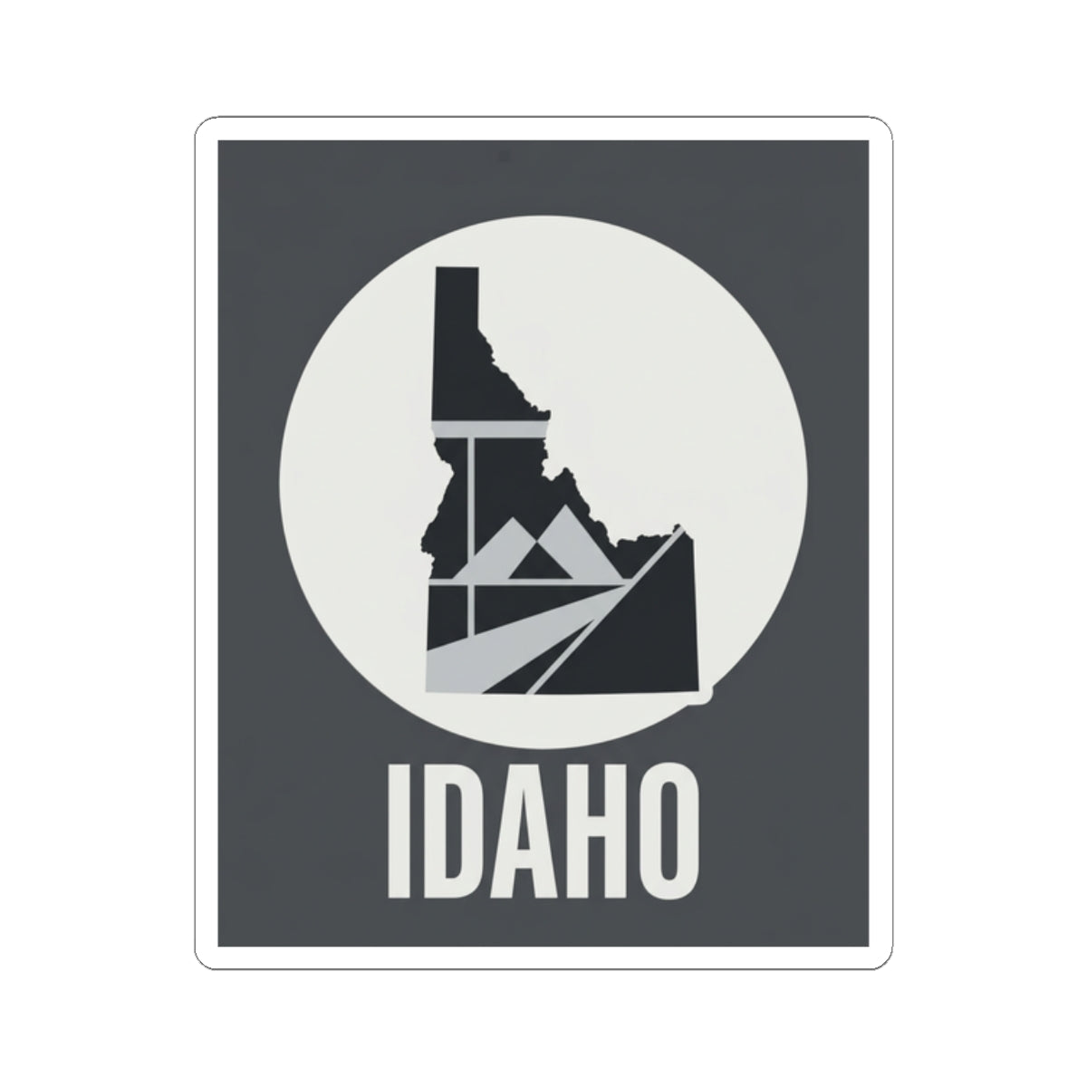 Idaho geometric map kiss-cut sticker, dark square, white circle with Idaho state and striped mountain icon
