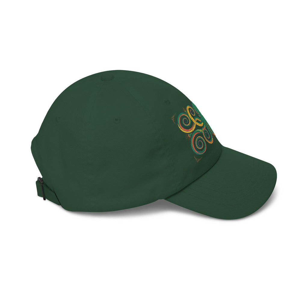 Dark green baseball cap with green-and-gold embroidered swirl on side