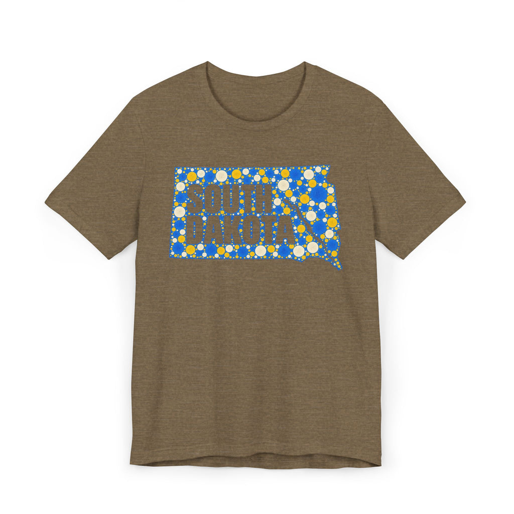 Brown crewneck T-shirt with blue and yellow South Dakota polka-dot map graphic.
