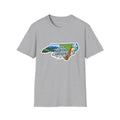 (Sport Grey) North Carolina map T-shirt with floral and landscape graphic