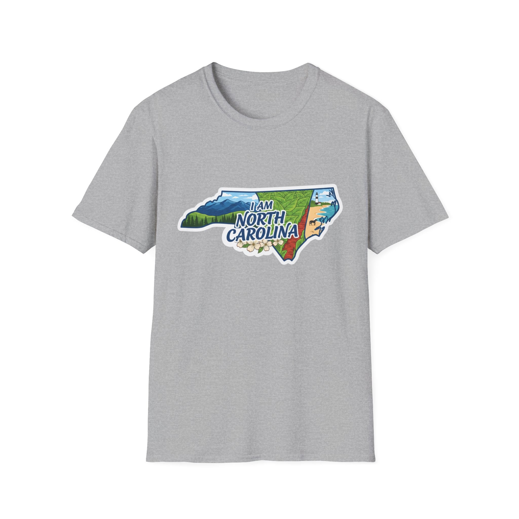 (Sport Grey) North Carolina map T-shirt with floral and landscape graphic