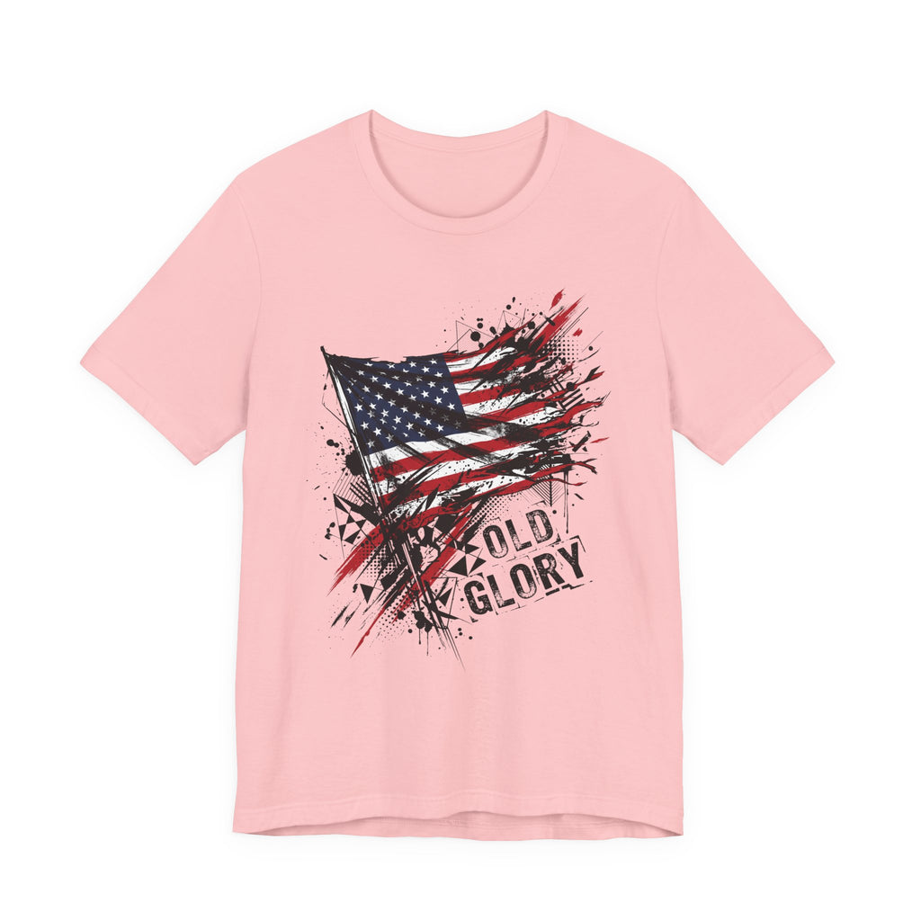 Distressed American flag t-shirt, light pink crew neck, splatter 'Old Glory' graphic.