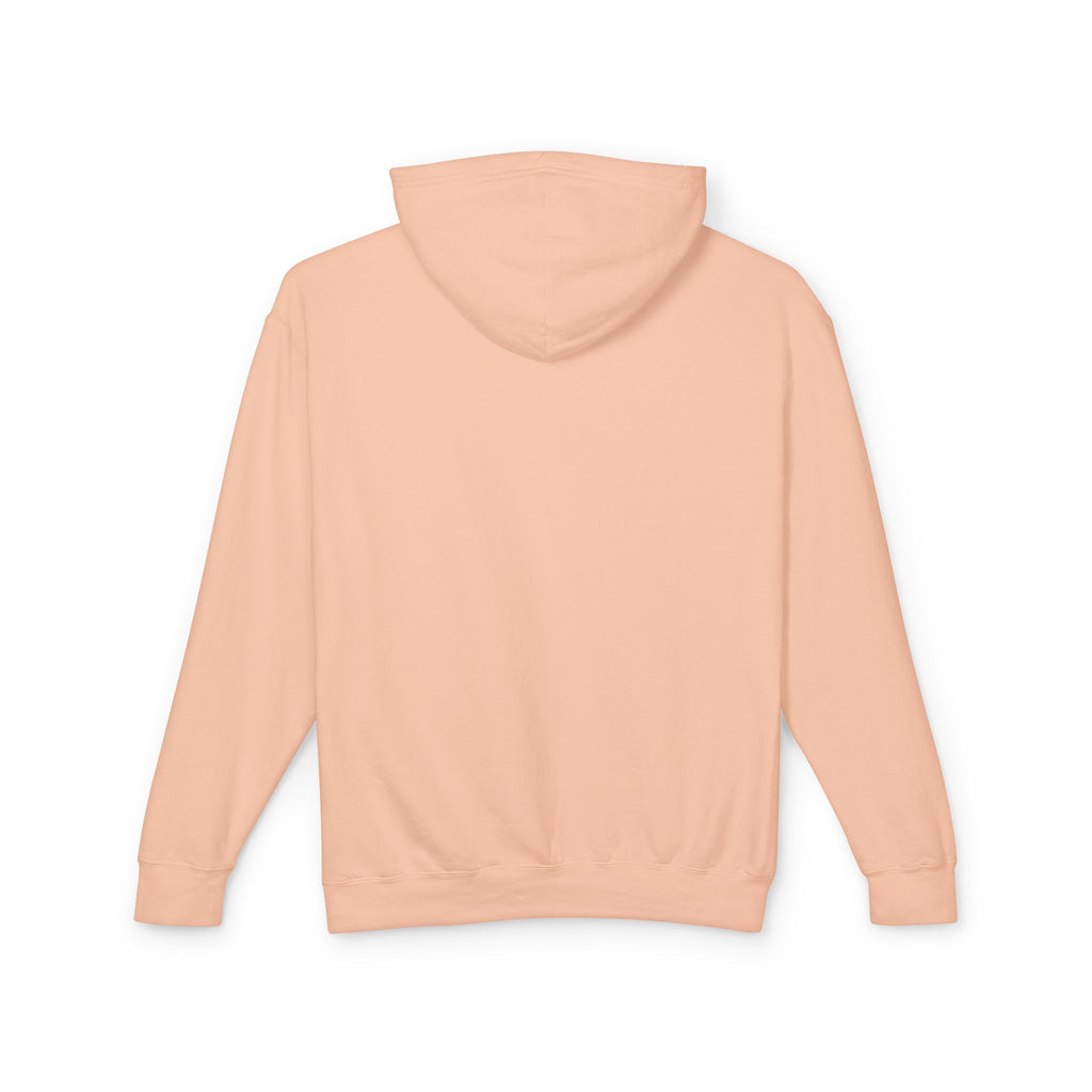 Peach pullover hoodie with hood, front view, no graphic, ribbed cuffs.
