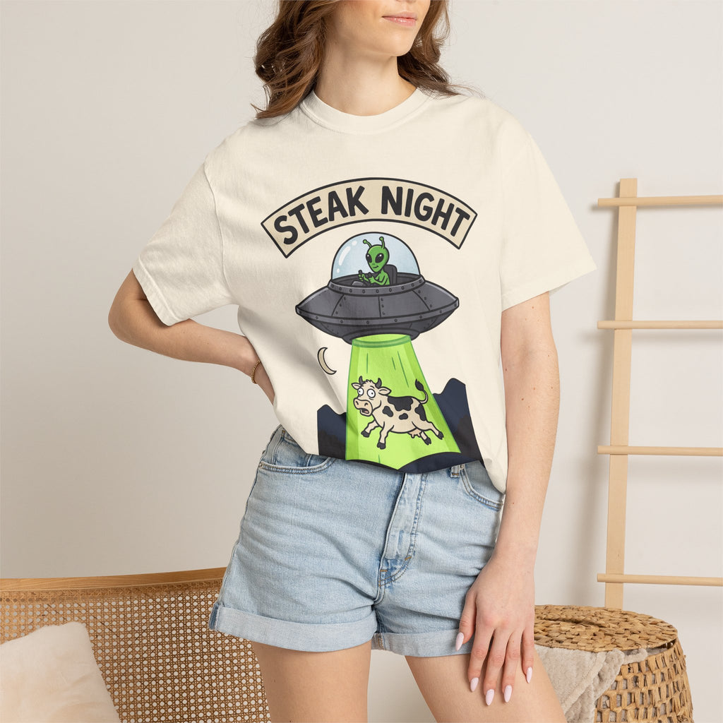 Ivory T-shirt with 'Steak Night' UFO graphic, green alien and cow