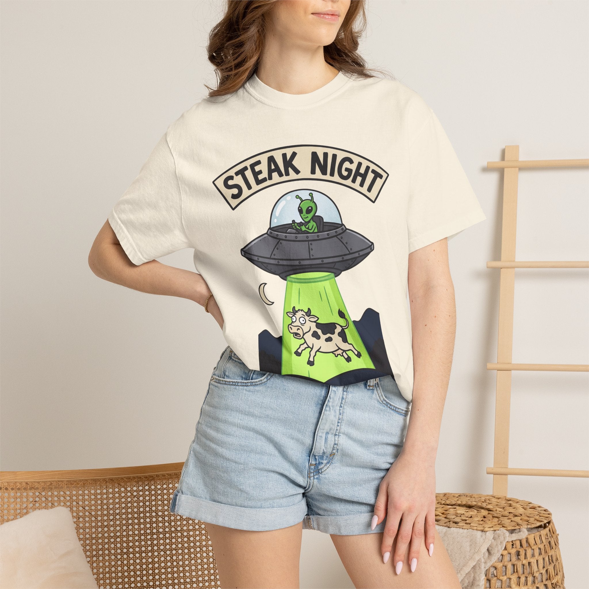 Ivory T-shirt with 'Steak Night' UFO graphic, green alien and cow