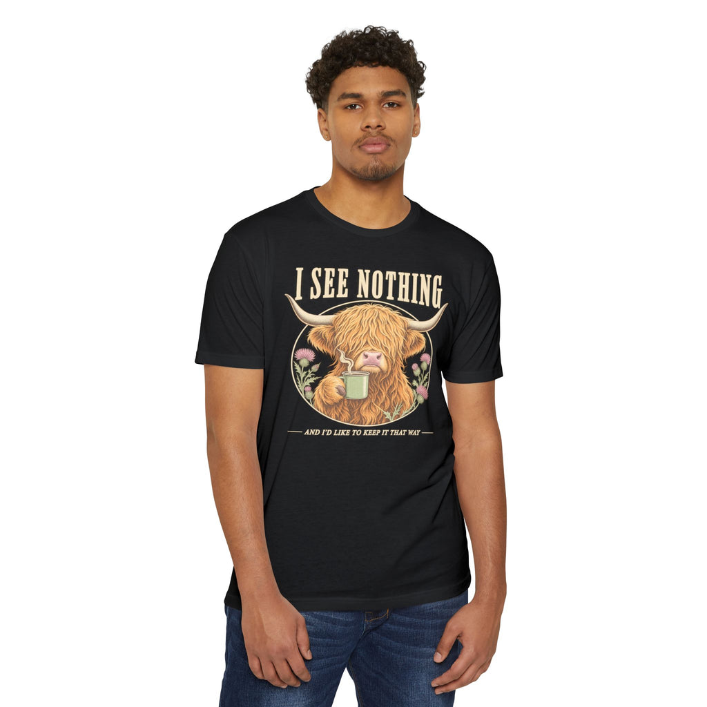 Black crewneck T-shirt with Highland cow graphic and 'I See Nothing' text.