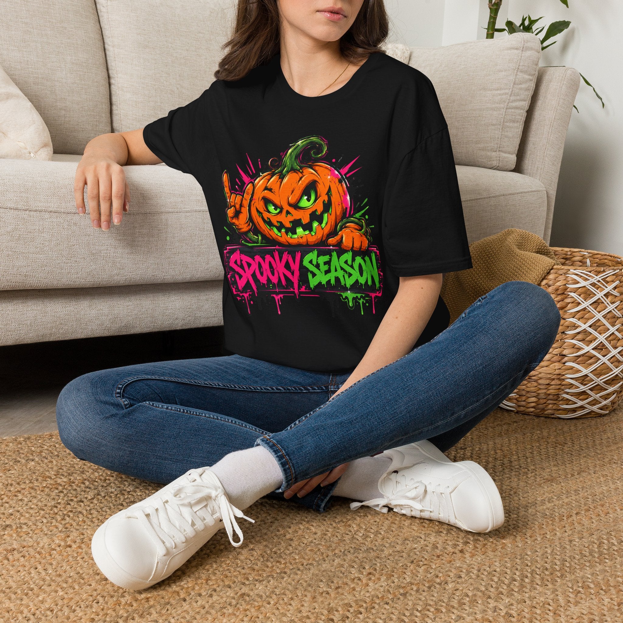 Black Halloween graphic T-shirt with jack-o-lantern and “Spooky Season” print
