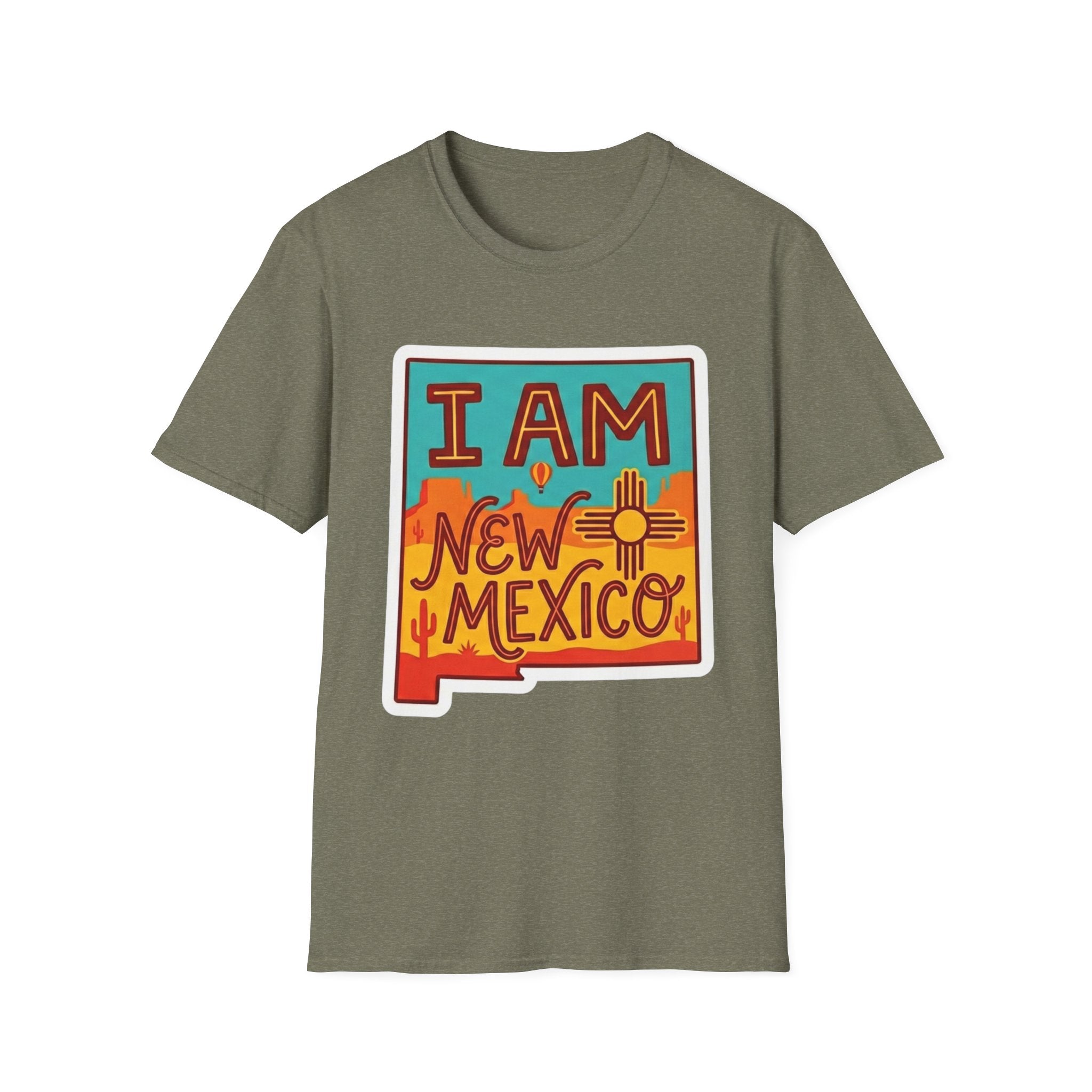 Olive green T-shirt with “I AM New Mexico” state pride graphic on the chest
