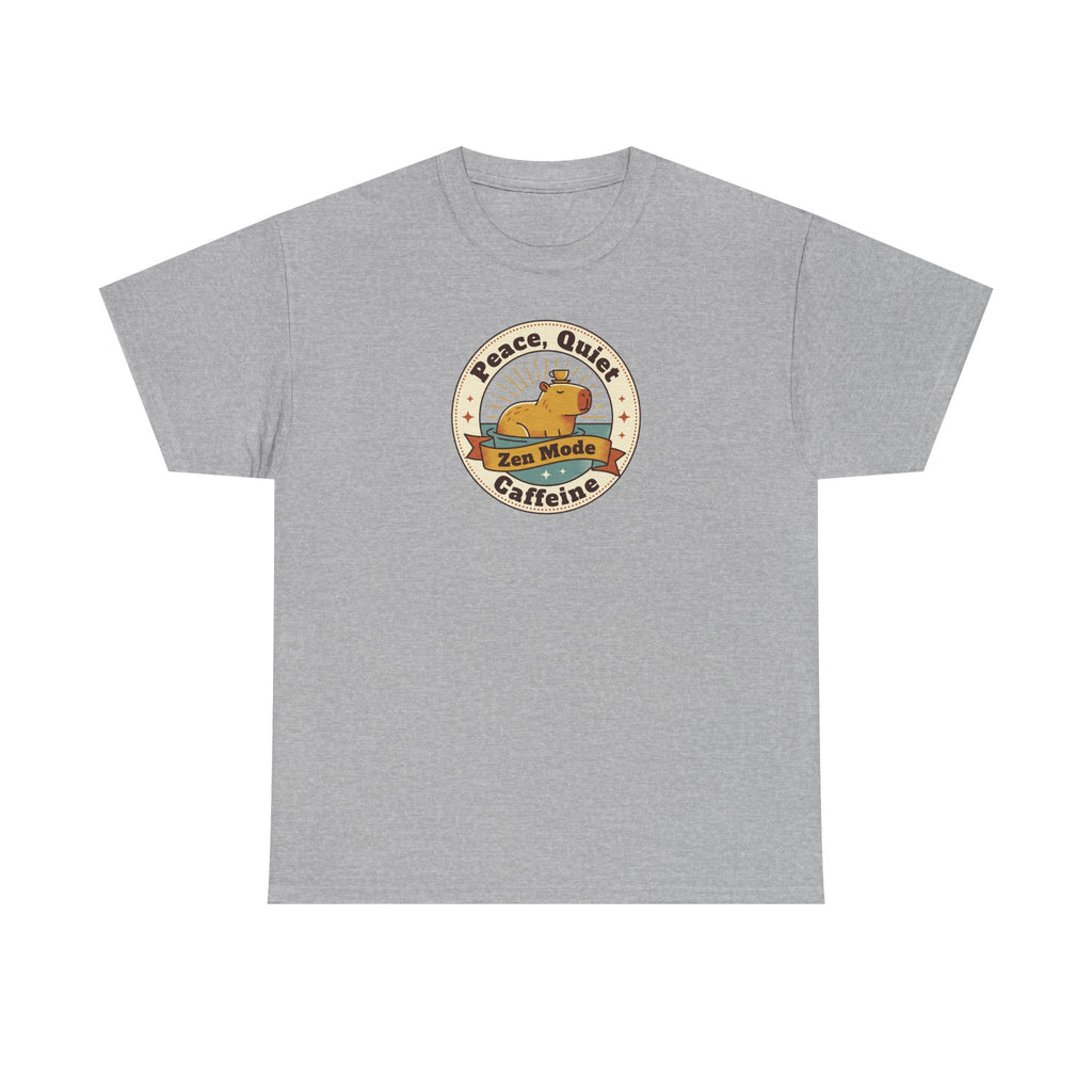 Light gray crew neck T-shirt with Peace Quiet Caffeine Zen Mode circular emblem