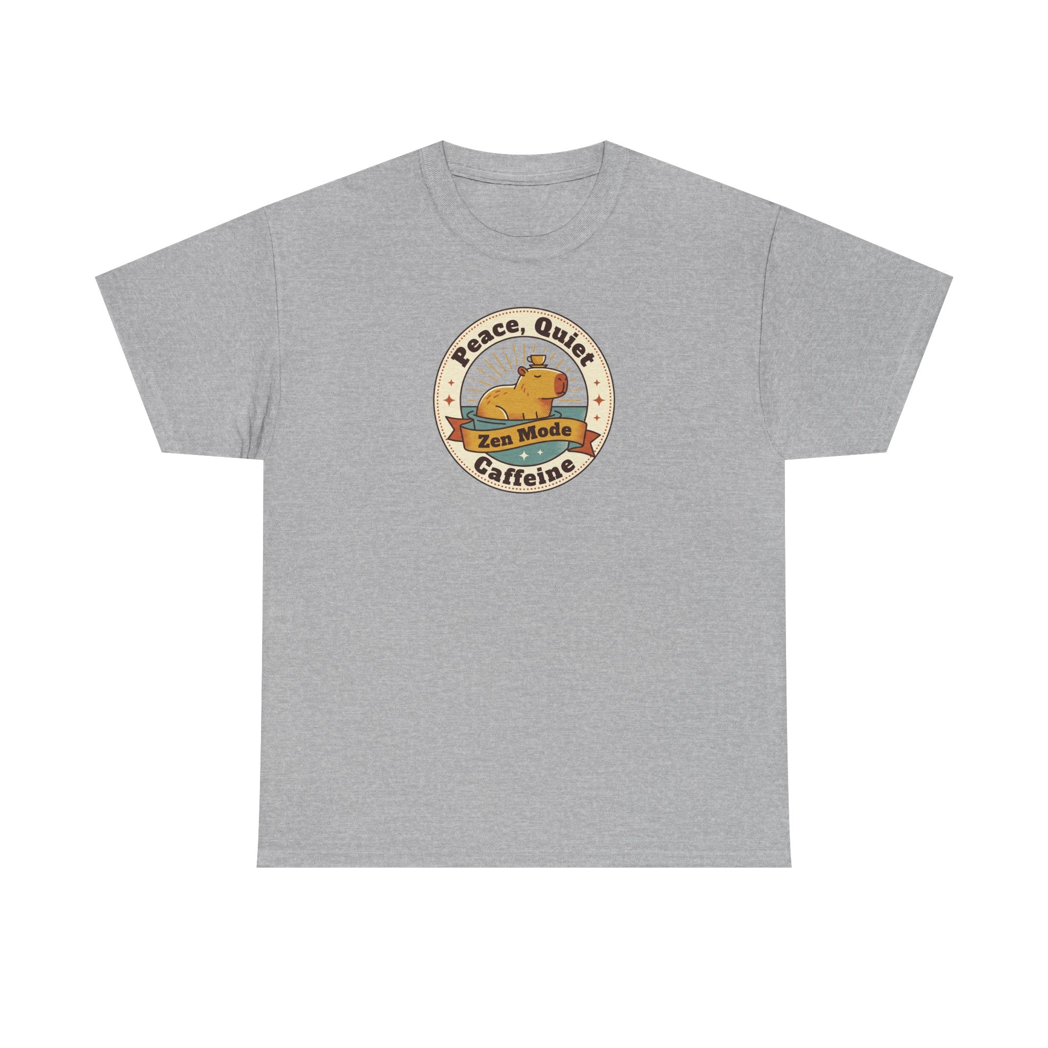 Light gray crew neck T-shirt with Peace Quiet Caffeine Zen Mode circular emblem