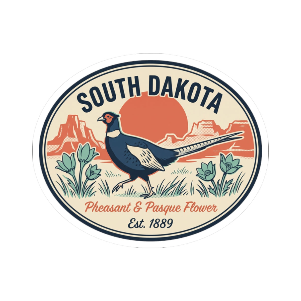 South Dakota vintage badge sticker with pheasant illustration, prairie flowers, Est. 1889