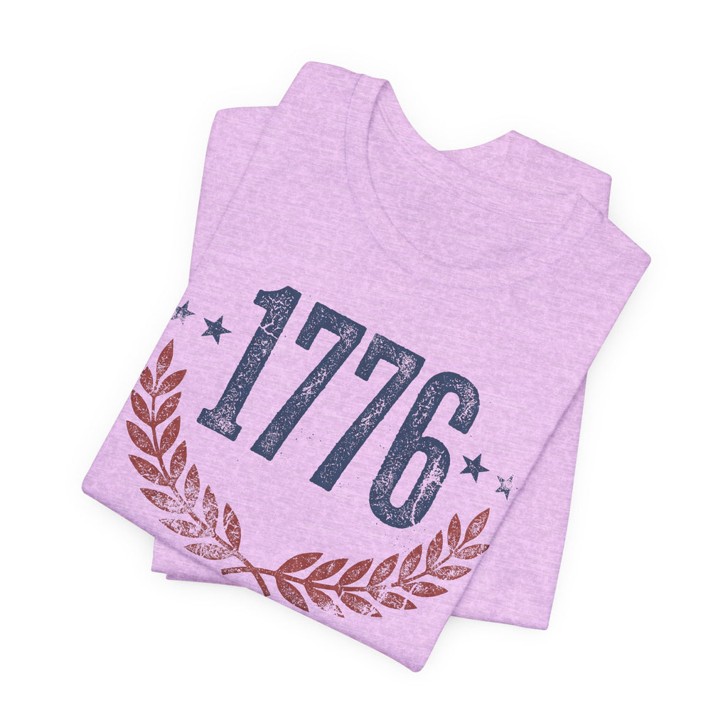 Heather purple T-shirt with 1776 text and laurel wreath graphic