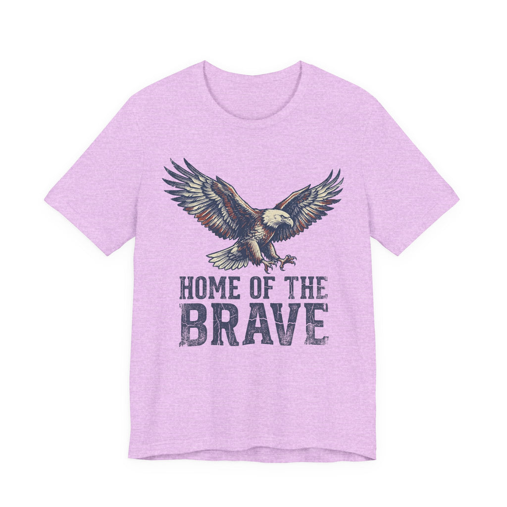 Lavender T-shirt with flying bald eagle graphic and 'HOME OF THE BRAVE' print