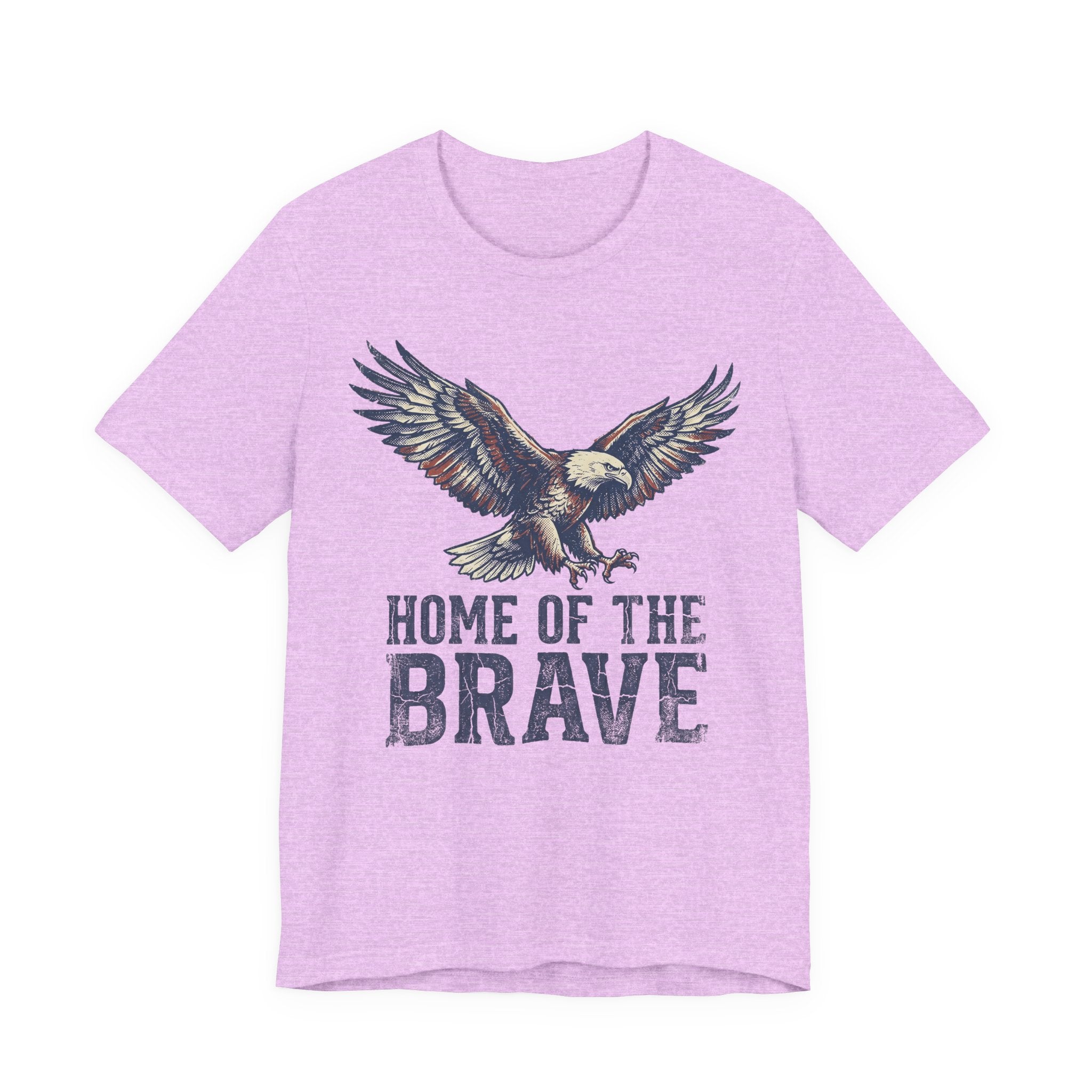 Lavender T-shirt with flying bald eagle graphic and 'HOME OF THE BRAVE' print
