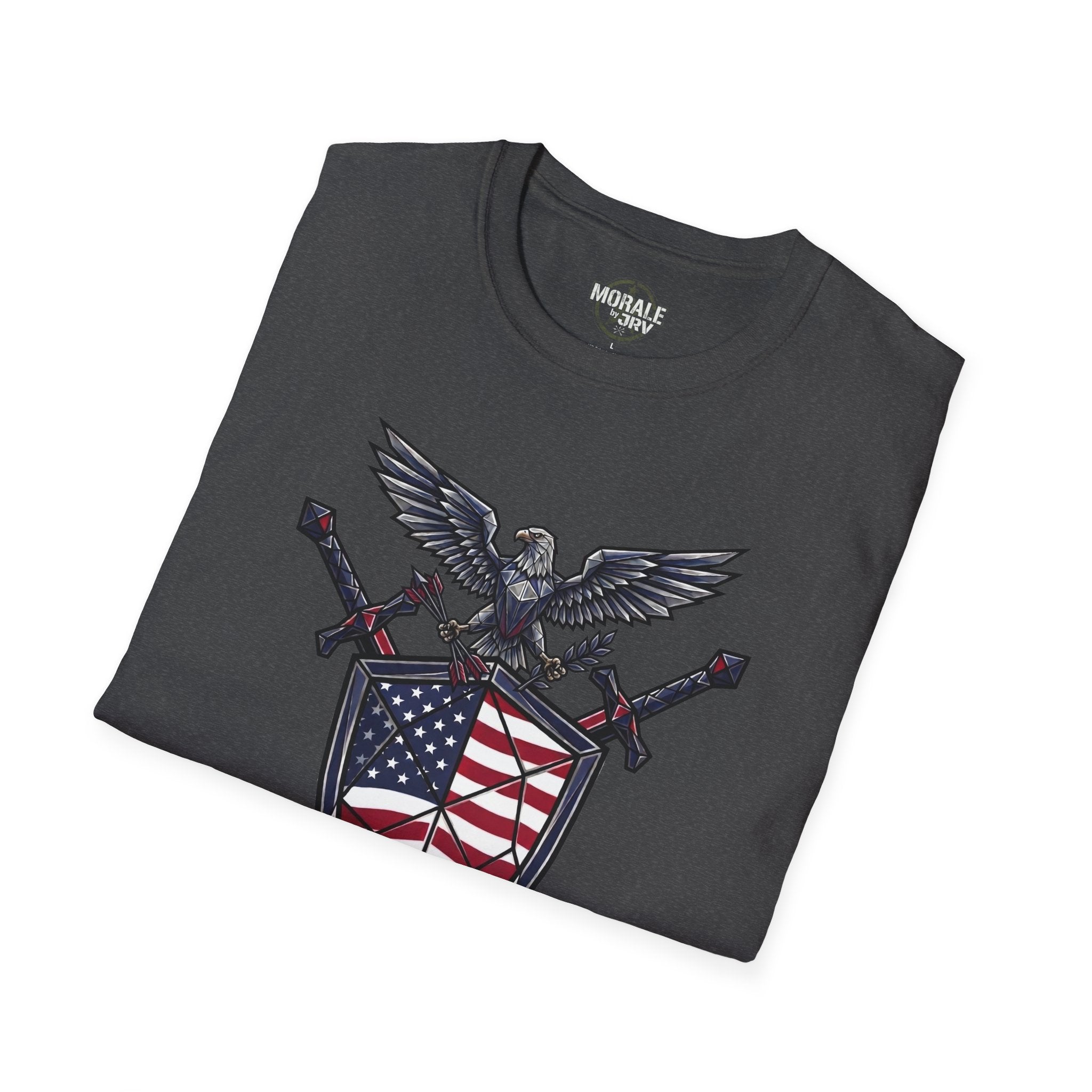 Dark heather gray T-shirt with eagle-and-American-flag graphic on front