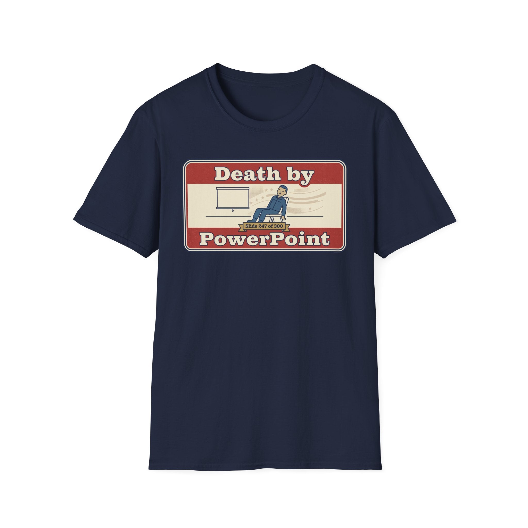 Navy T-shirt with “Death by PowerPoint” front graphic