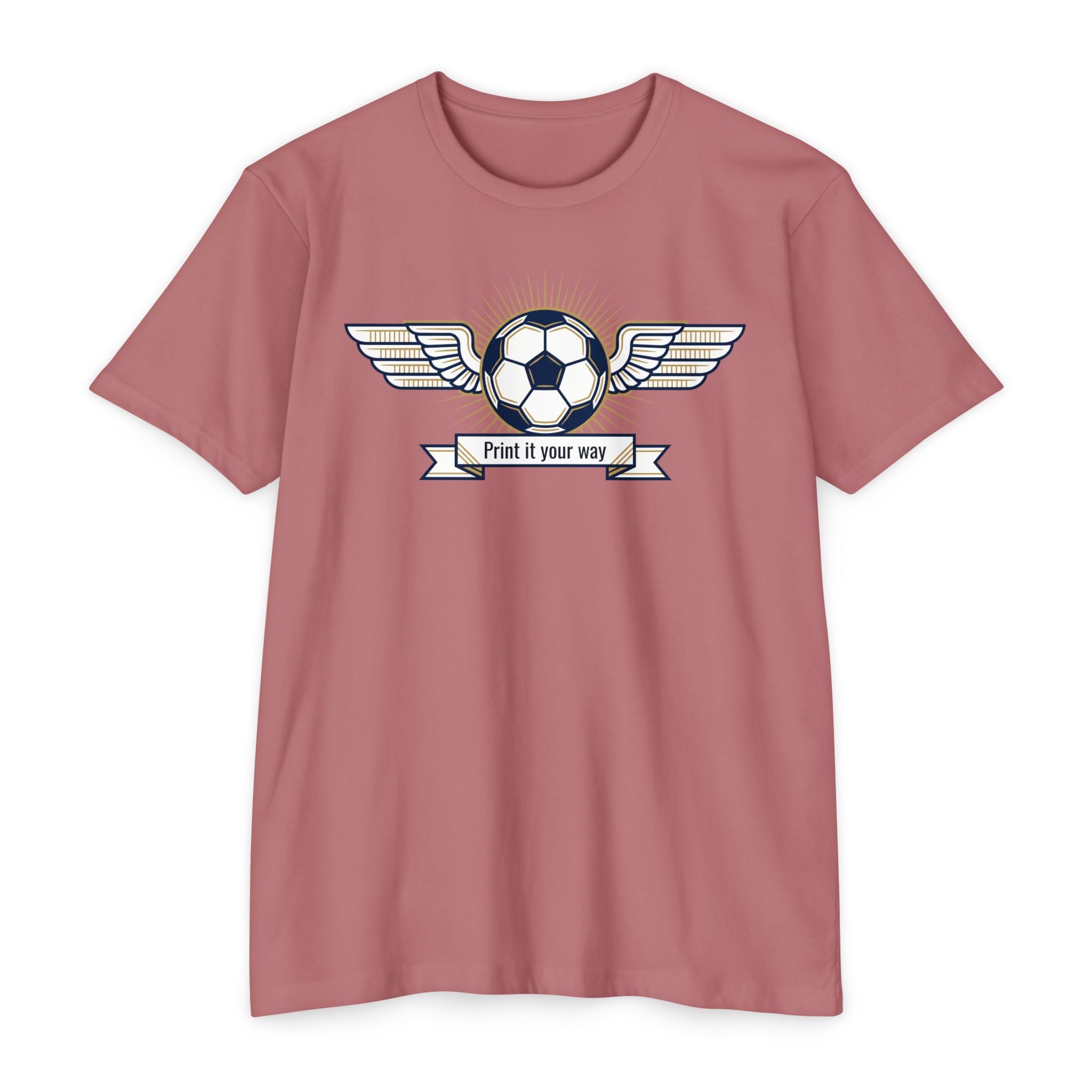 Rose pink soccer T-shirt with winged ball emblem and banner graphic