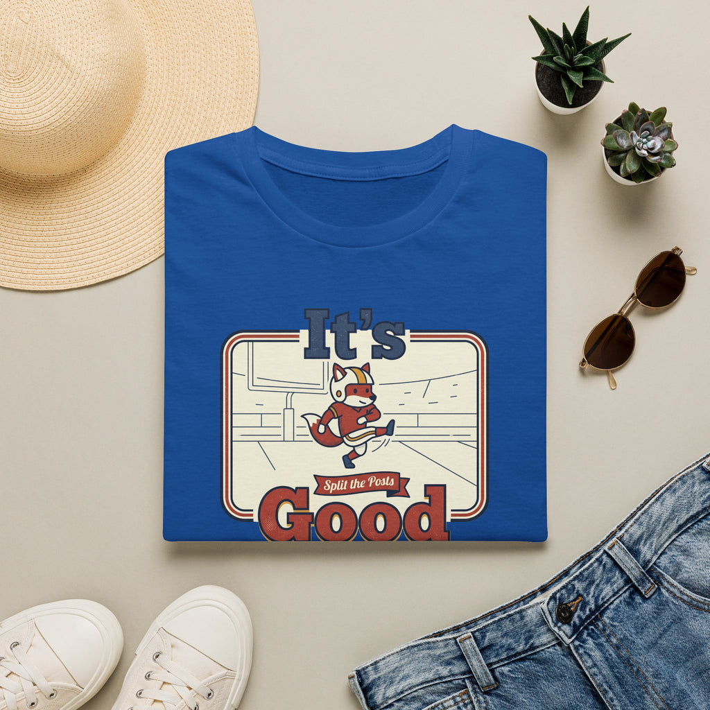 Royal blue T-shirt with vintage skate fox graphic and “It’s Good” slogan centered