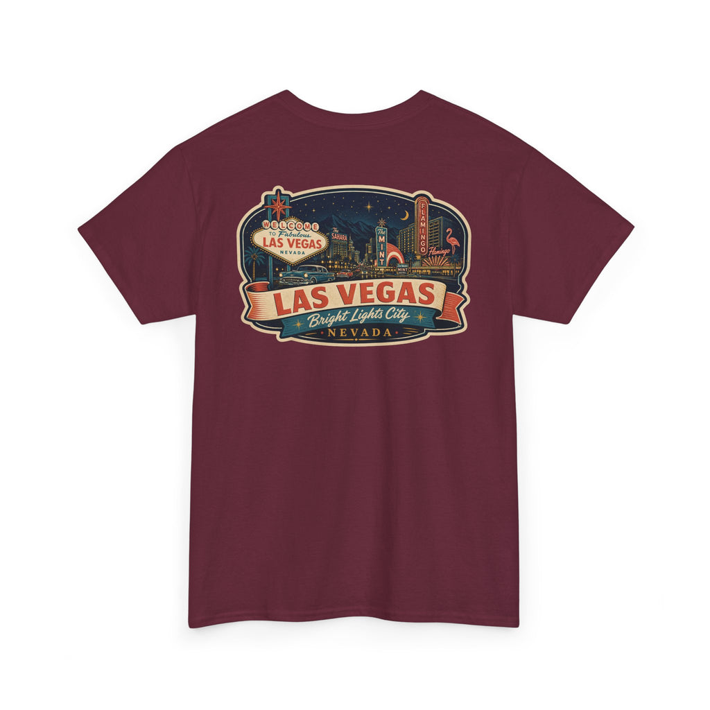 Maroon T-shirt with Las Vegas luggage tag skyline badge graphic on the chest