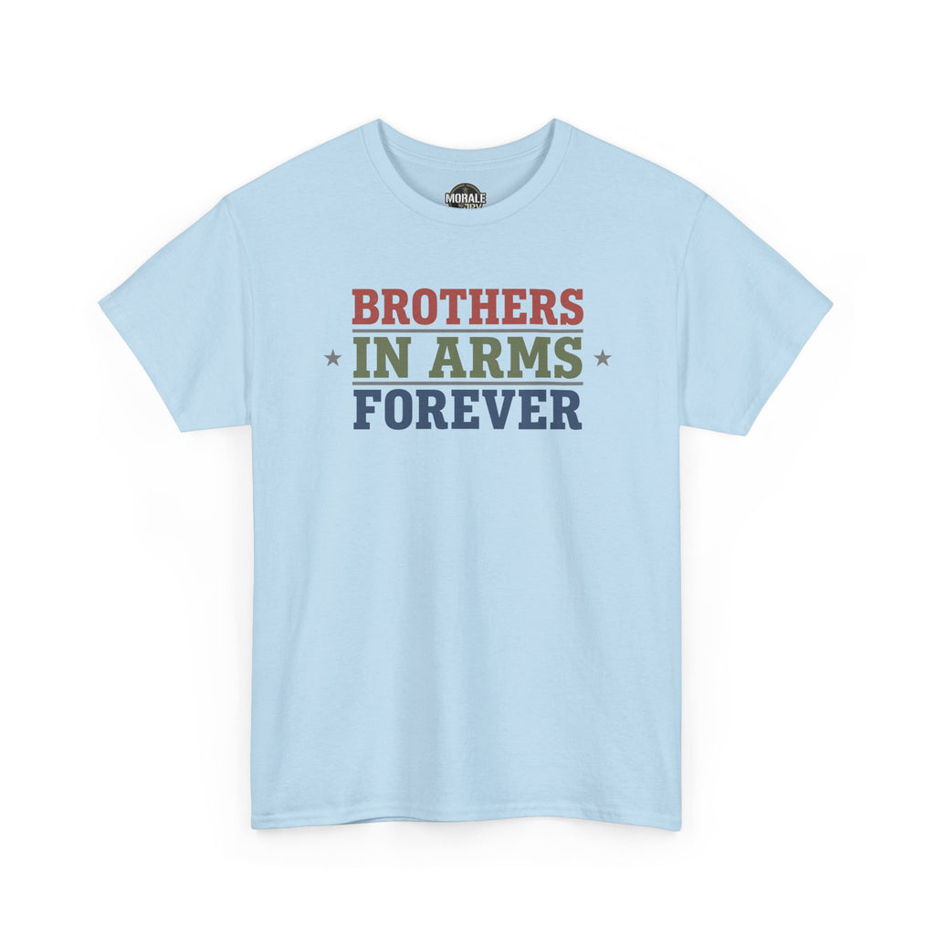 Light blue crewneck tee with 'BROTHERS IN ARMS FOREVER' text graphic